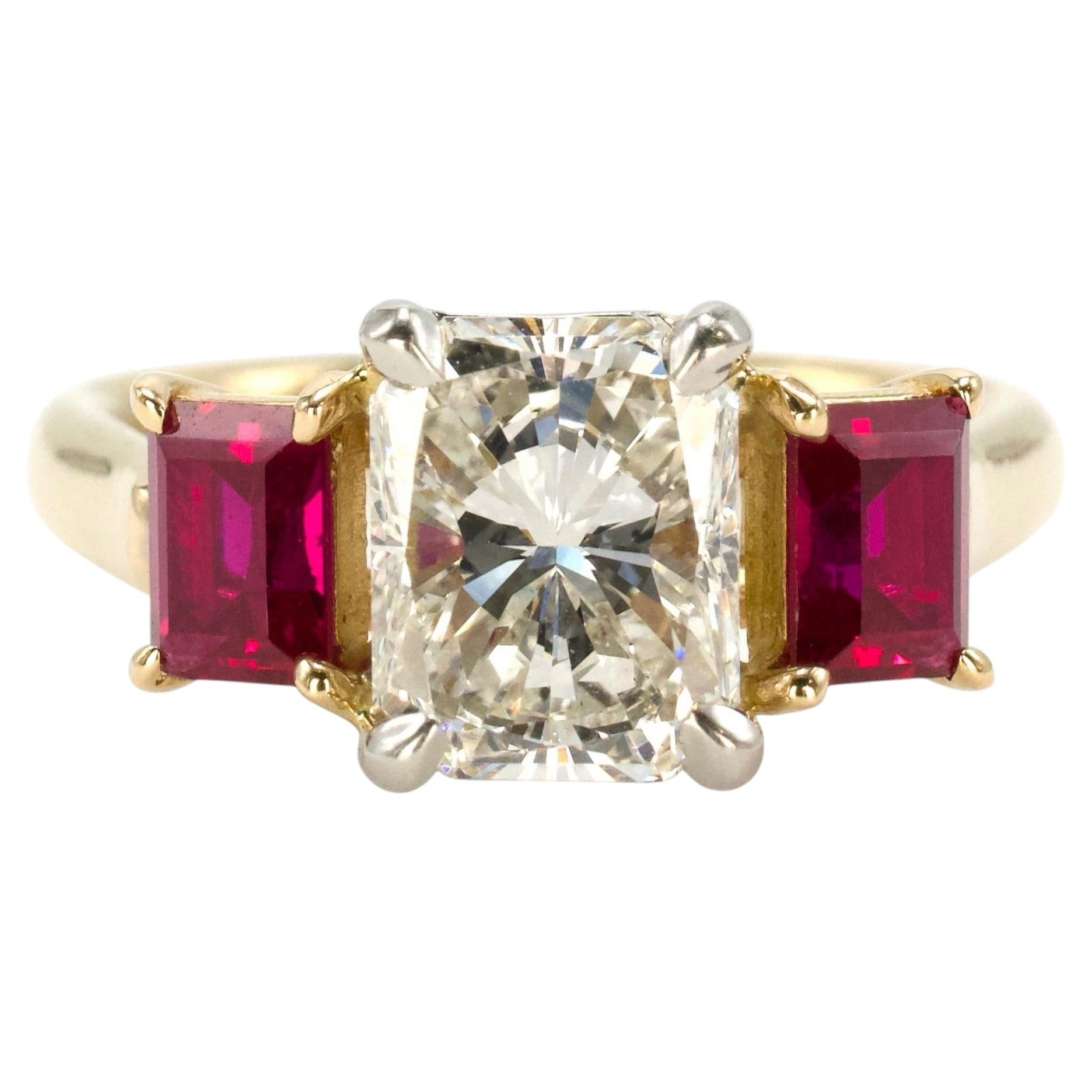 1.47 carat Radiant Cut Diamond Three Stone Engagement Ring with Rubies
