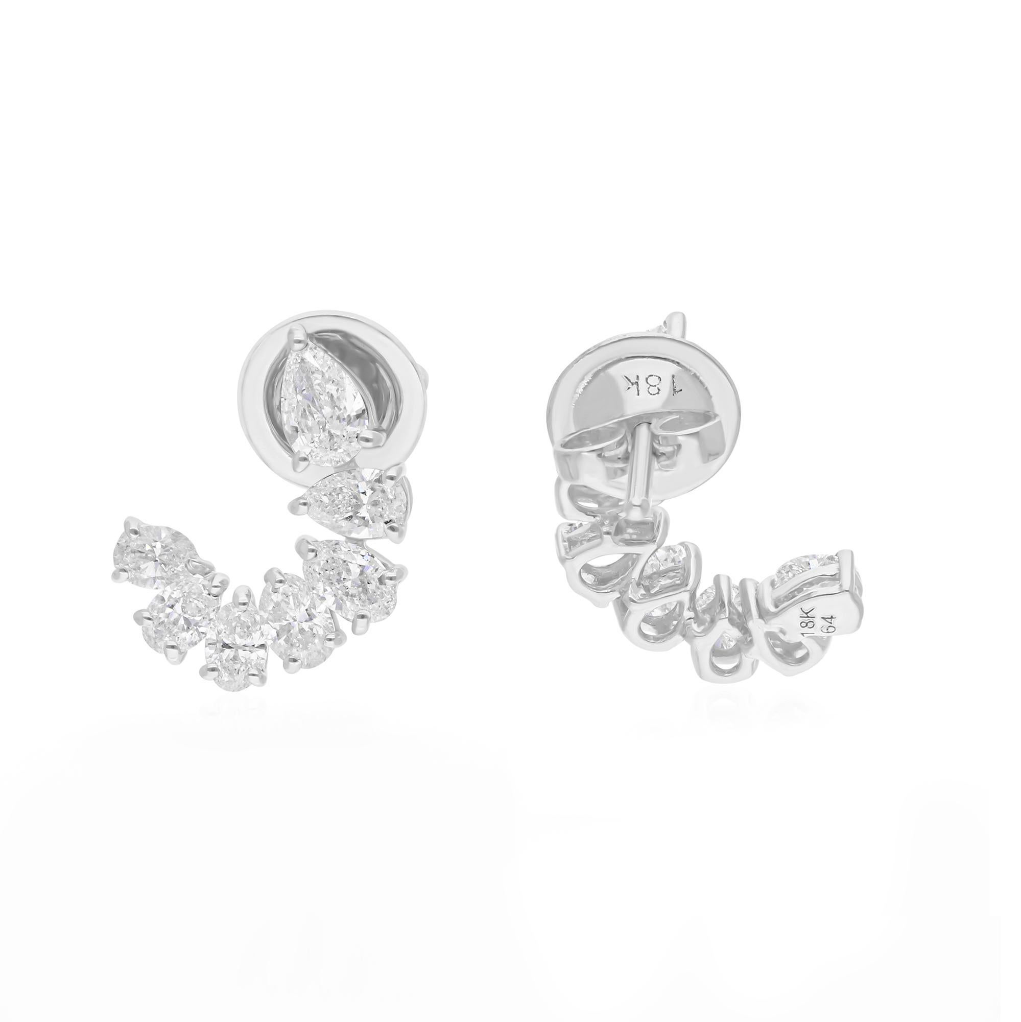 These elegant earrings combine the beauty of pear and oval-shaped diamonds, totaling 1.47 carats, set in luxurious 14 karat white gold. Designed to add a touch of refined glamour to any look, these earrings are the perfect accessory for both
