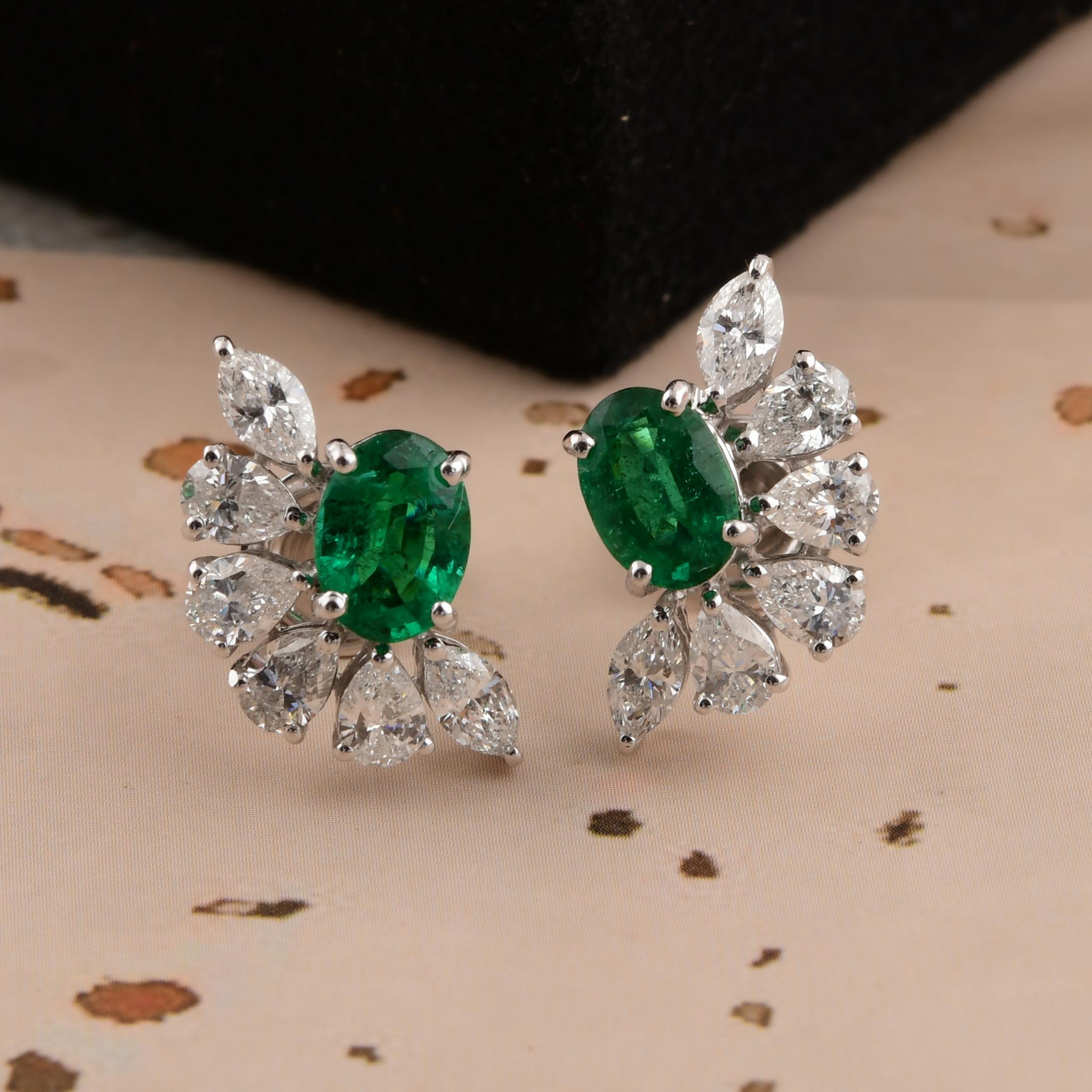 1,47 Karat sambischer Smaragd 1,63 Karat SI/H Diamant-Ohrringe 14 Karat Weißgold (Ovalschliff) im Angebot