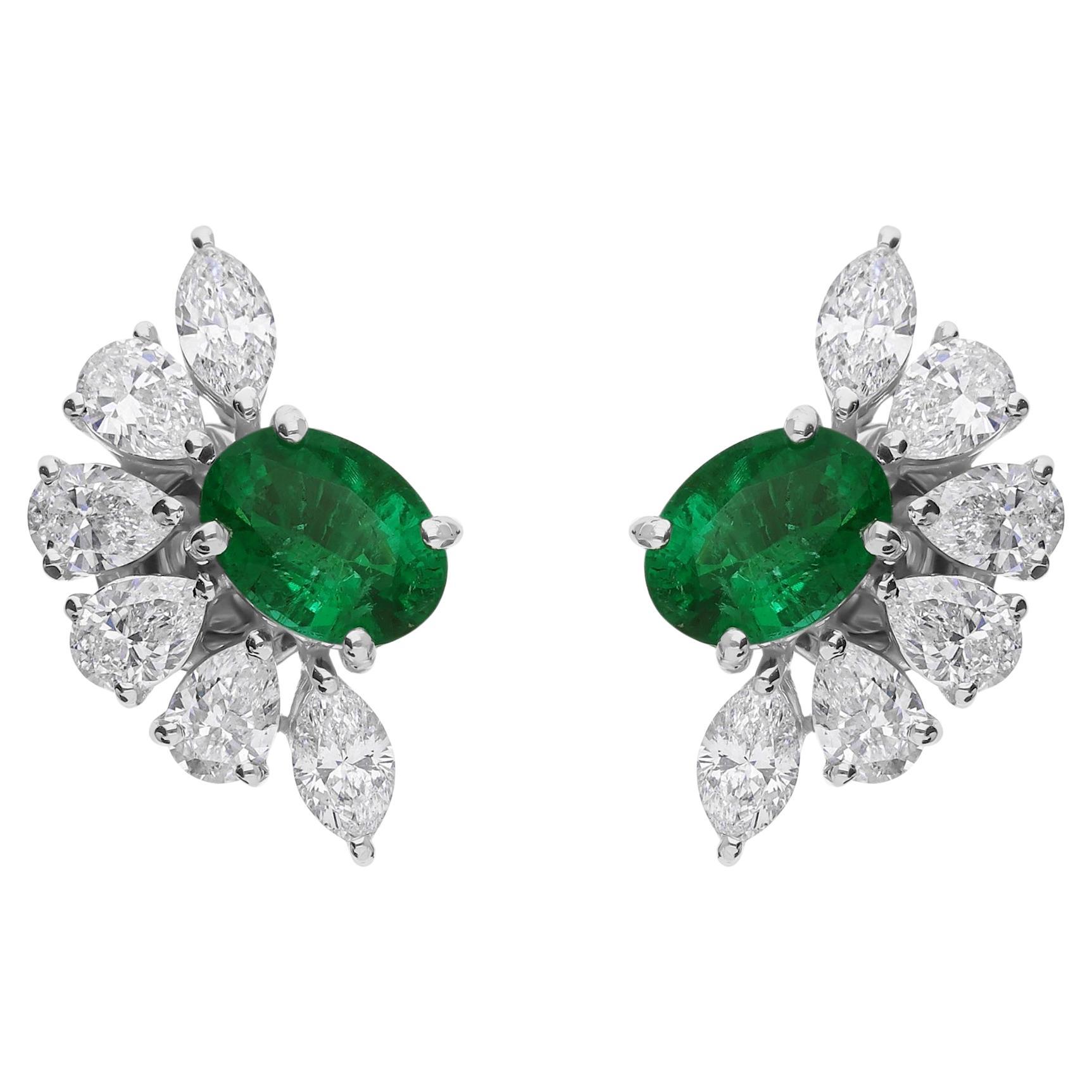 1.47 Carat Zambian Emerald 1.63 Carat SI/H Diamond Earrings 18 Karat White Gold