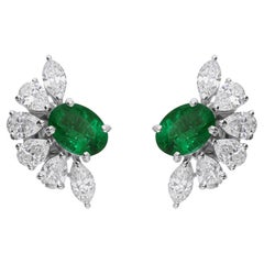 1.47 Carat Zambian Emerald 1.63 Carat SI/H Diamond Earrings 18 Karat White Gold