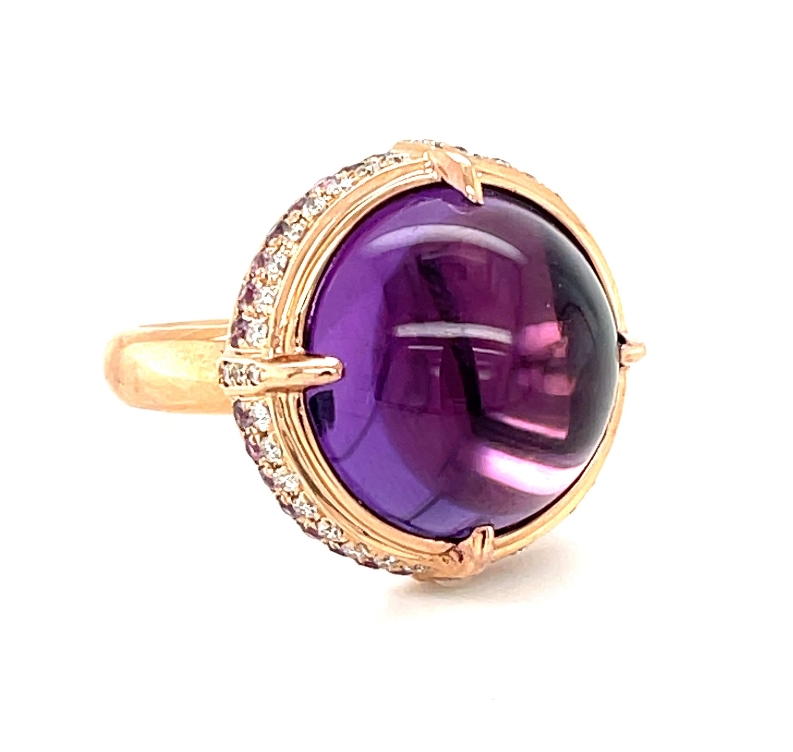 Artisan 14.70 Carat  Amethyst Cabochon, Pink Sapphire and Diamond Ring in 18k Rose Gold For Sale