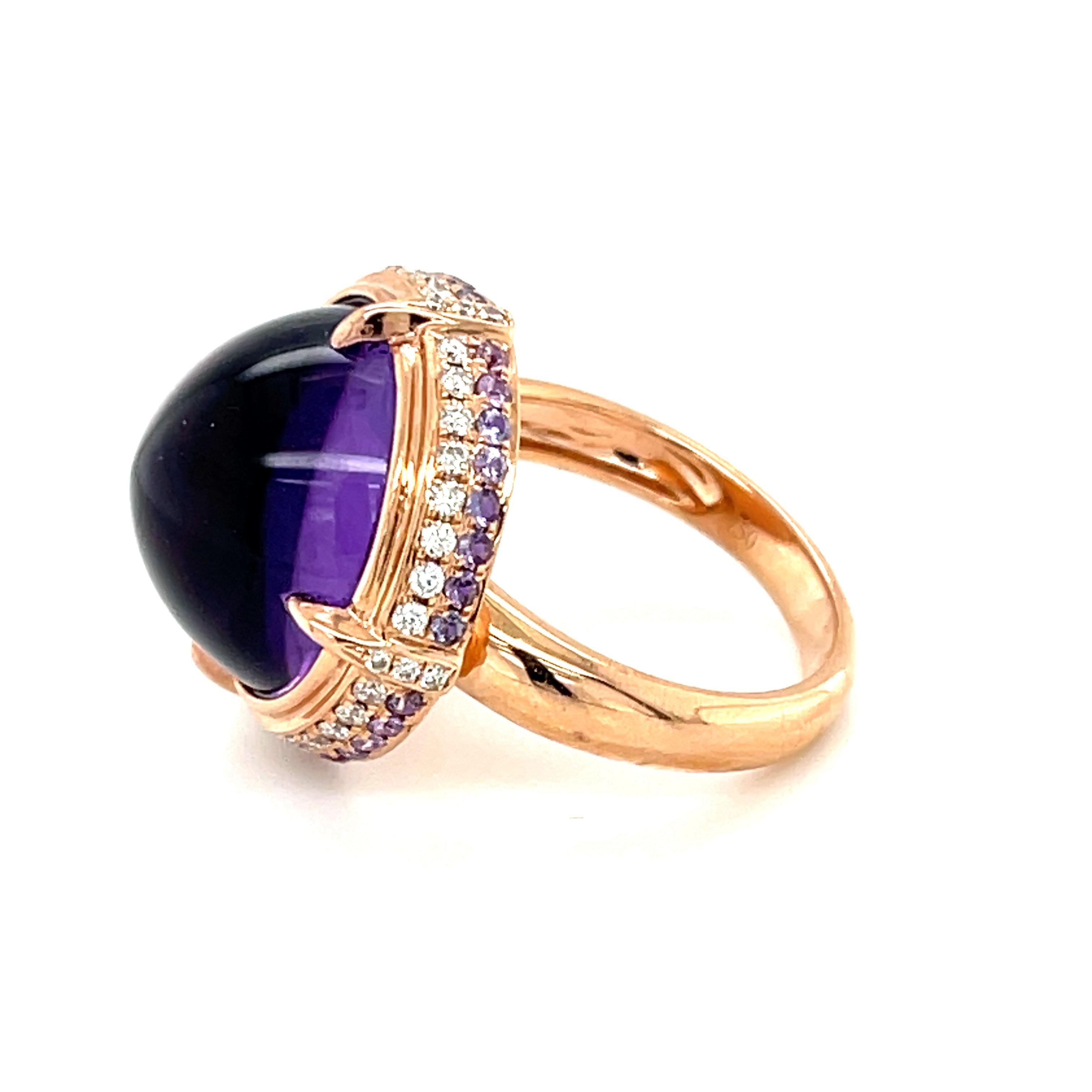 14.70 Carat  Amethyst Cabochon, Pink Sapphire and Diamond Ring in 18k Rose Gold In New Condition For Sale In Los Angeles, CA