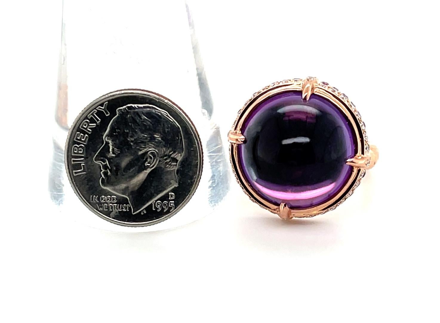 14.70 Carat  Amethyst Cabochon, Pink Sapphire and Diamond Ring in 18k Rose Gold For Sale 1