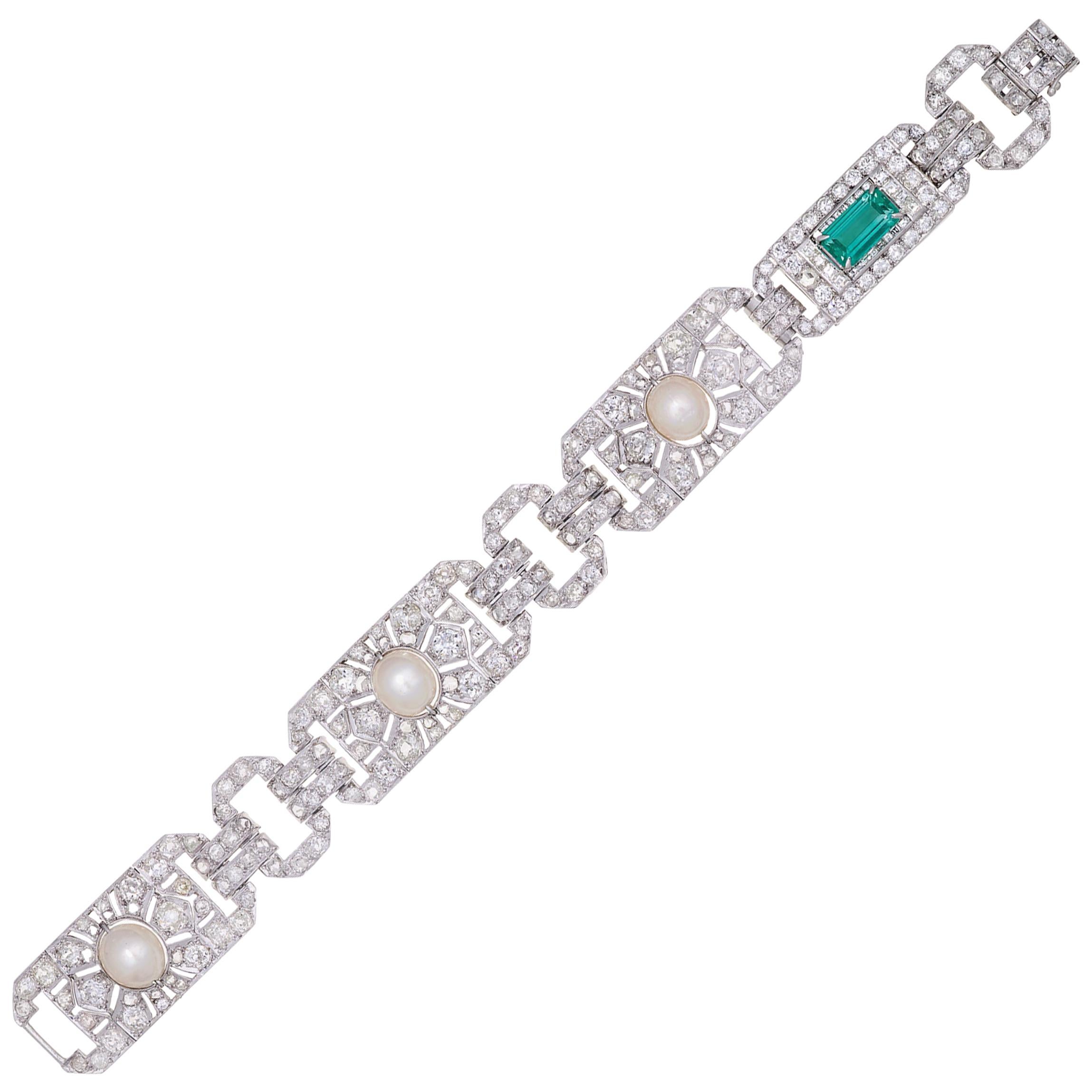 GIA-zertifiziertes Platinarmband mit 14,70 Karat Smaragd, Diamant und Perle Edwardian