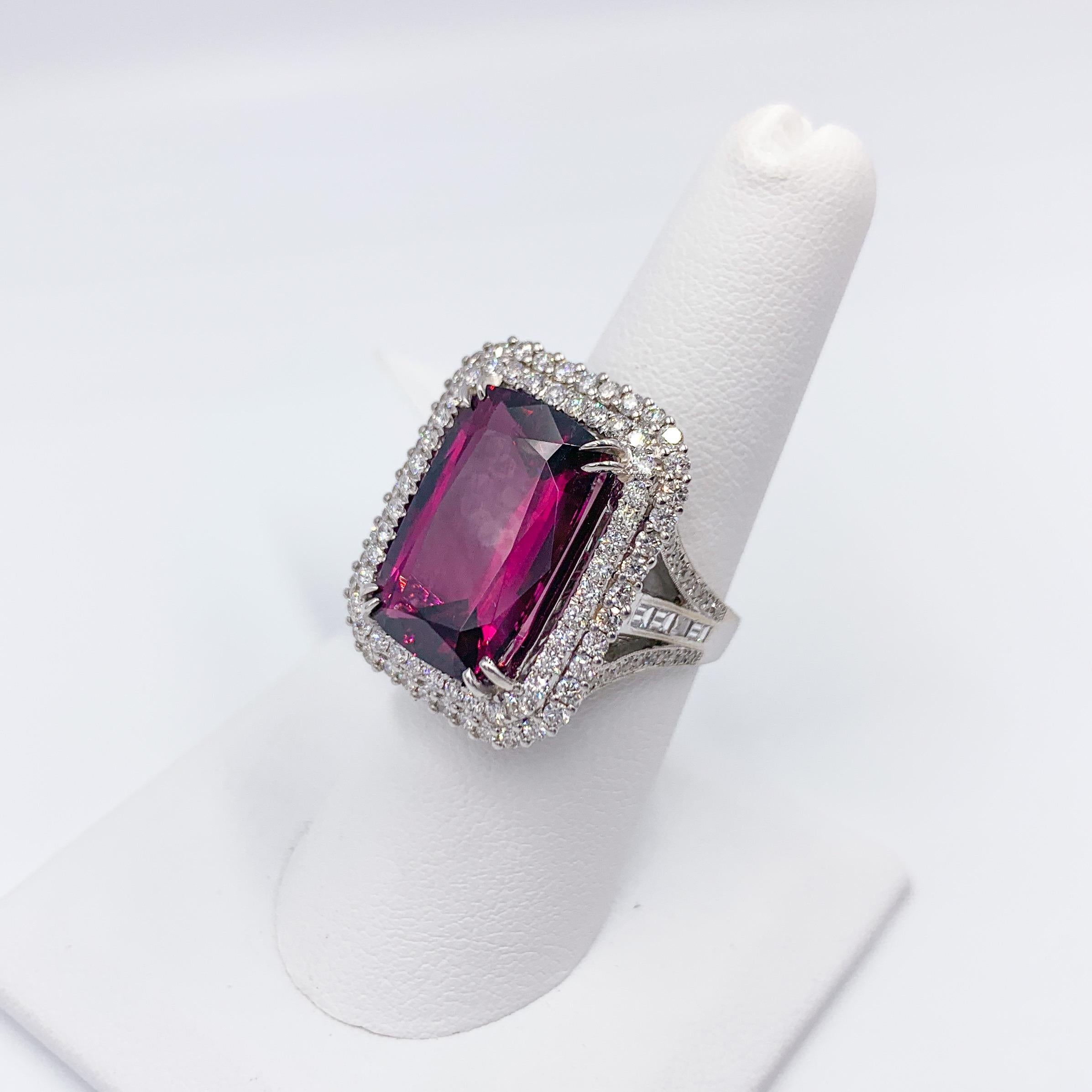 Umbalite garnet refers to the superb quality rhodolite garnet mined in the Umba River region of Tanzania. Tanzania. This Tanzanian material is premium quality, with a vivid pinkish-red or purplish-red color. 

This spectacular umbalite has a rich
