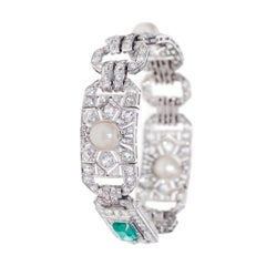 Edwardianisches Platinarmband mit GIA-zertifiziertem 14,70 Karat Smaragd, Diamant und Perle
