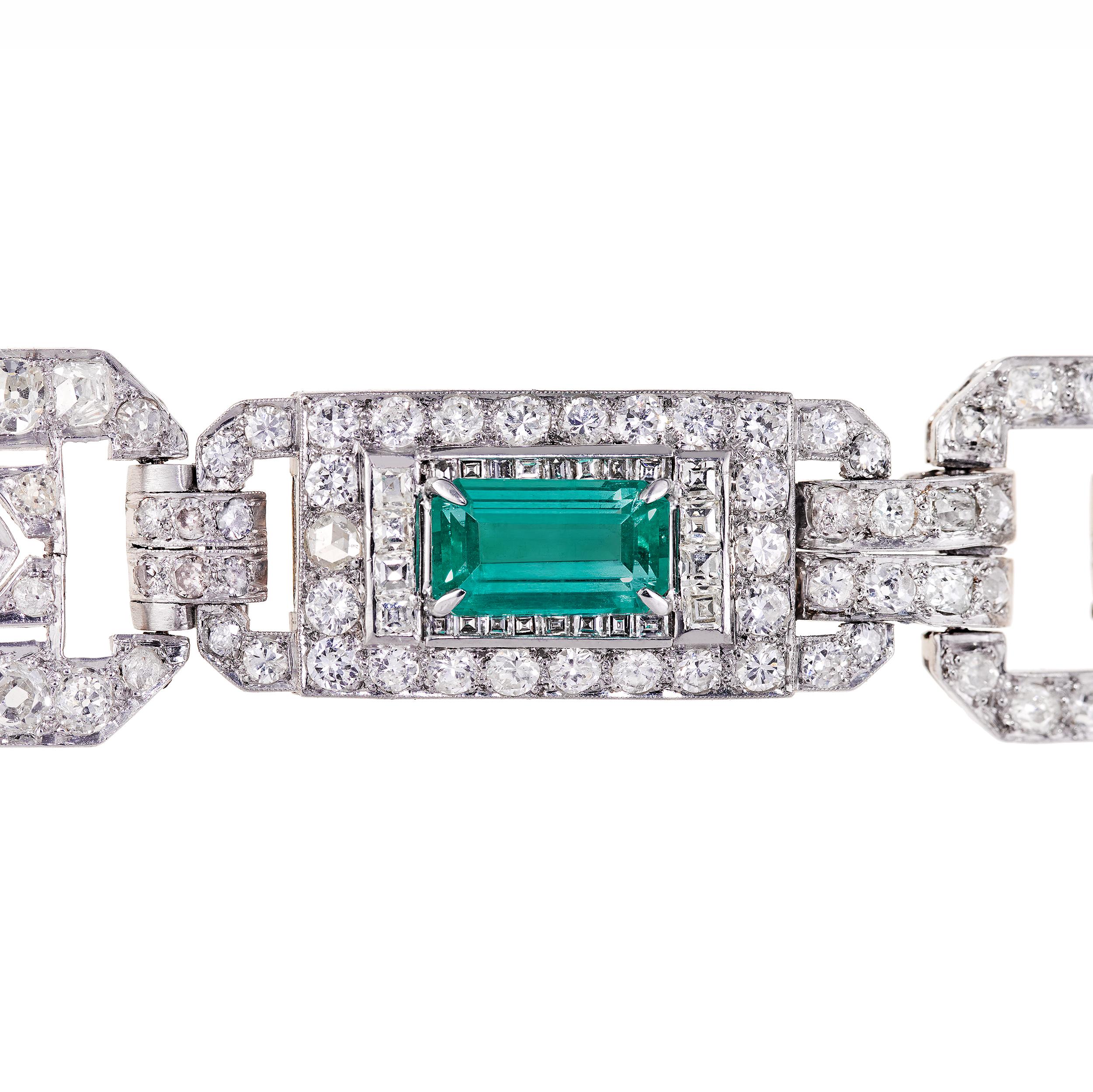 Women's GIA Cert 14.70 Carat Emerald, Diamond, and Pearl Edwardian Platinum Bracelet For Sale