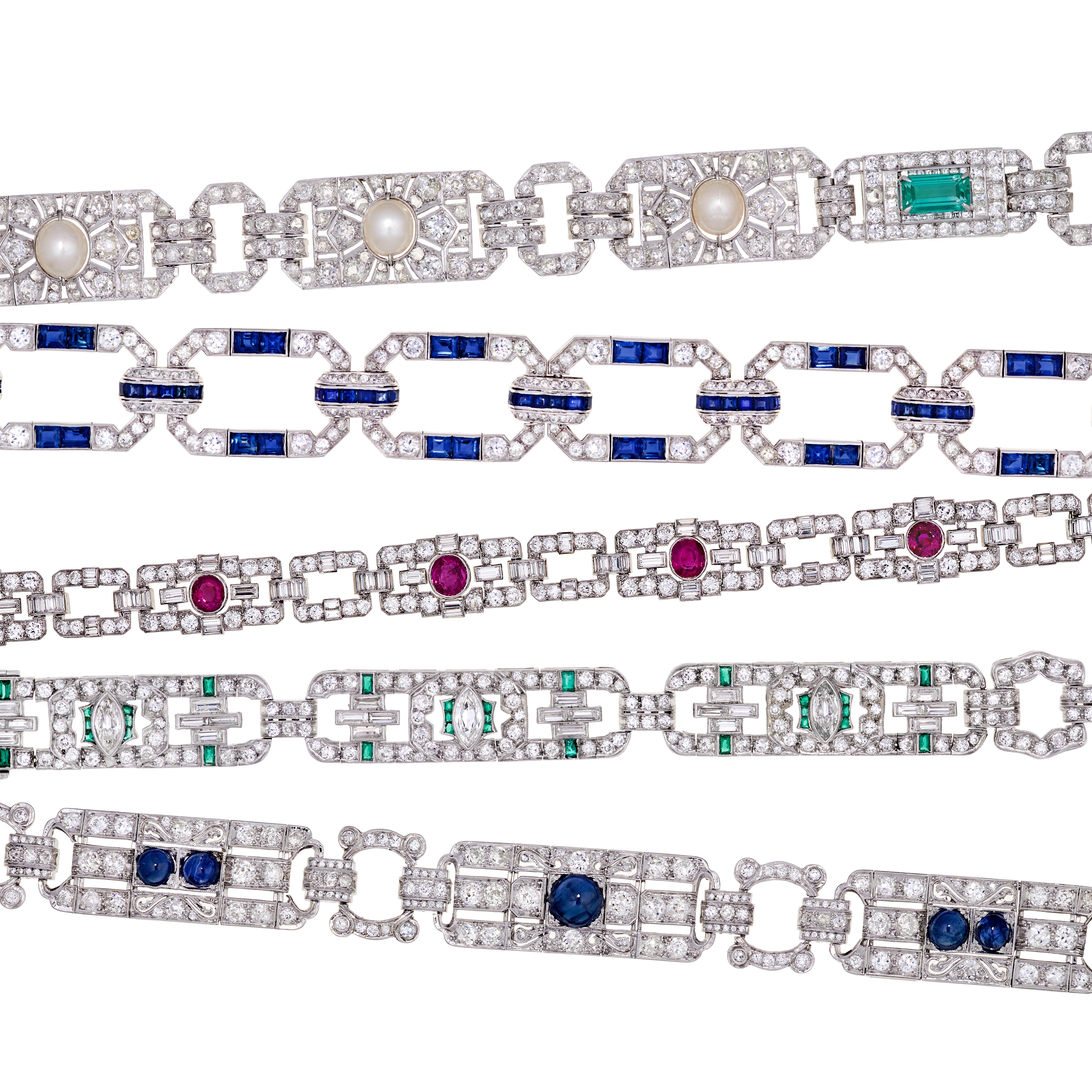 GIA Cert 14.70 Carat Emerald, Diamond, and Pearl Edwardian Platinum Bracelet For Sale 1