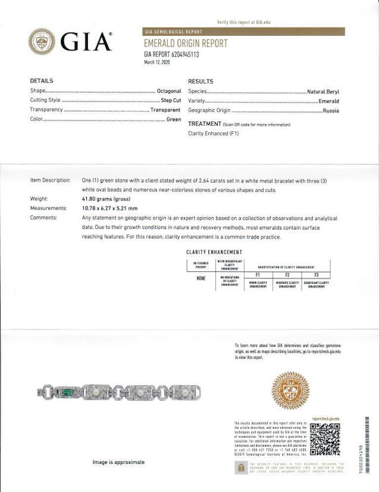 GIA Cert 14.70 Carat Emerald, Diamond, and Pearl Edwardian Platinum Bracelet For Sale 3