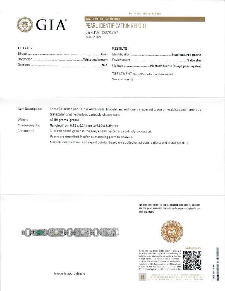 GIA Cert 14.70 Carat Emerald, Diamond, and Pearl Edwardian Platinum Bracelet For Sale 4