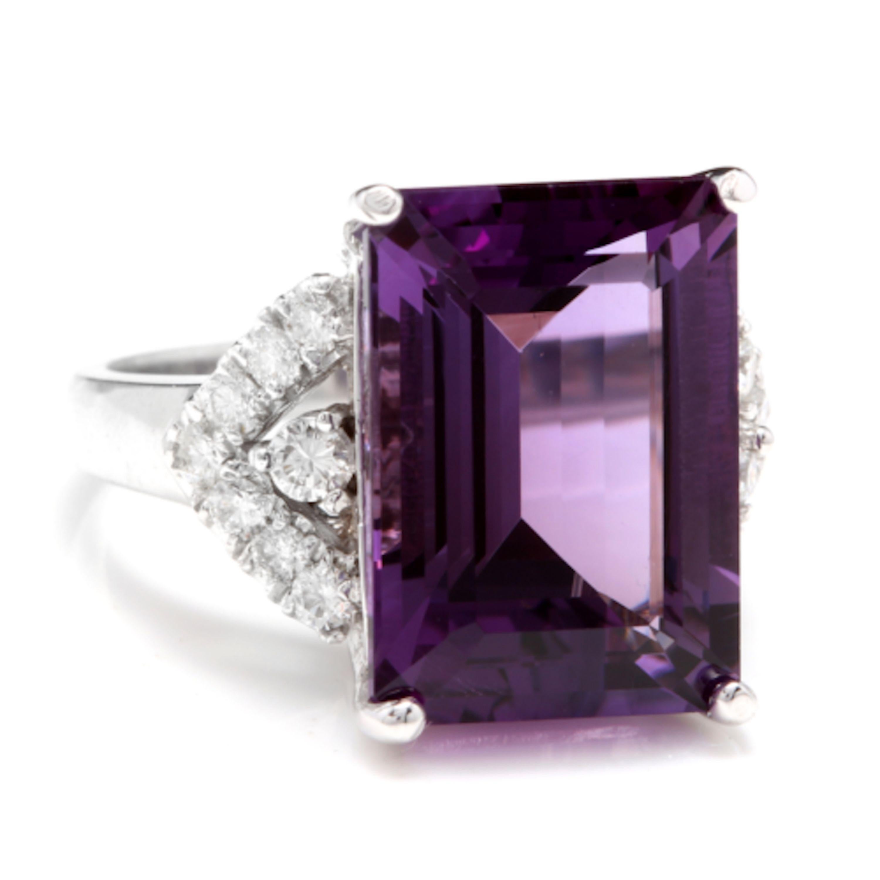 14.70 Carats Natural Amethyst and Diamond 14K Solid White Gold Ring

Total Natural Emerald Cut Amethyst Weights: Approx. 14.00 Carats

Amethyst Measures: Approx. 16 x 12mm

Natural Round Diamonds Weight: Approx. 0.70 Carats (color G-H / Clarity
