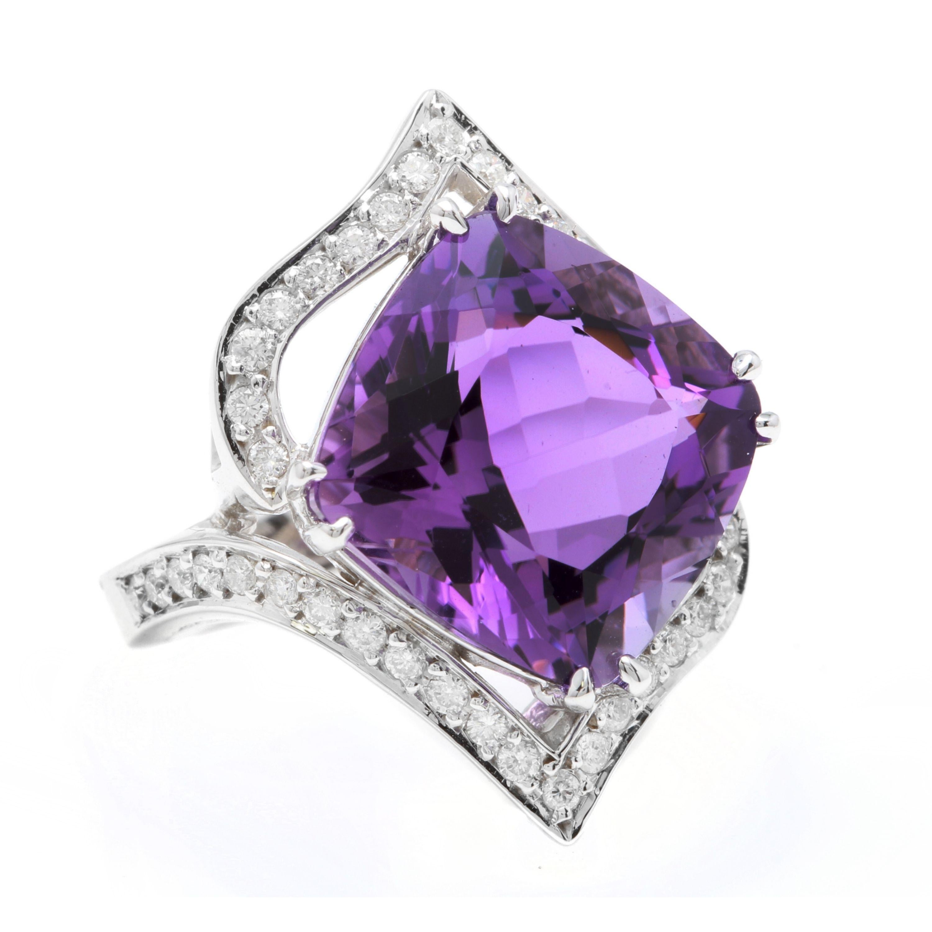 14.70 Carats Natural Amethyst and Diamond 14K Solid White Gold Ring

Total Natural Square Cushion Shaped Amethyst Weights: Approx. 14.00 Carats

Amethyst Measures: Approx. 15.00 x 15.00mm

Natural Round Diamonds Weight: Approx. 0.70 Carats (color