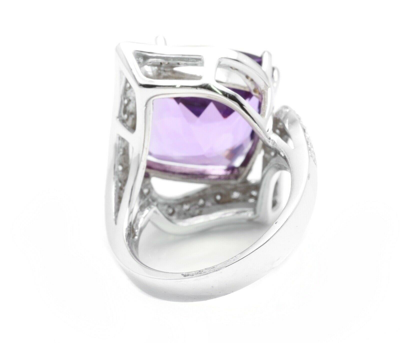 Anello in oro bianco massiccio da 14,70 carati con ametista naturale e diamante da 14 carati In condizioni Nuovo in vendita a Los Angeles, CA