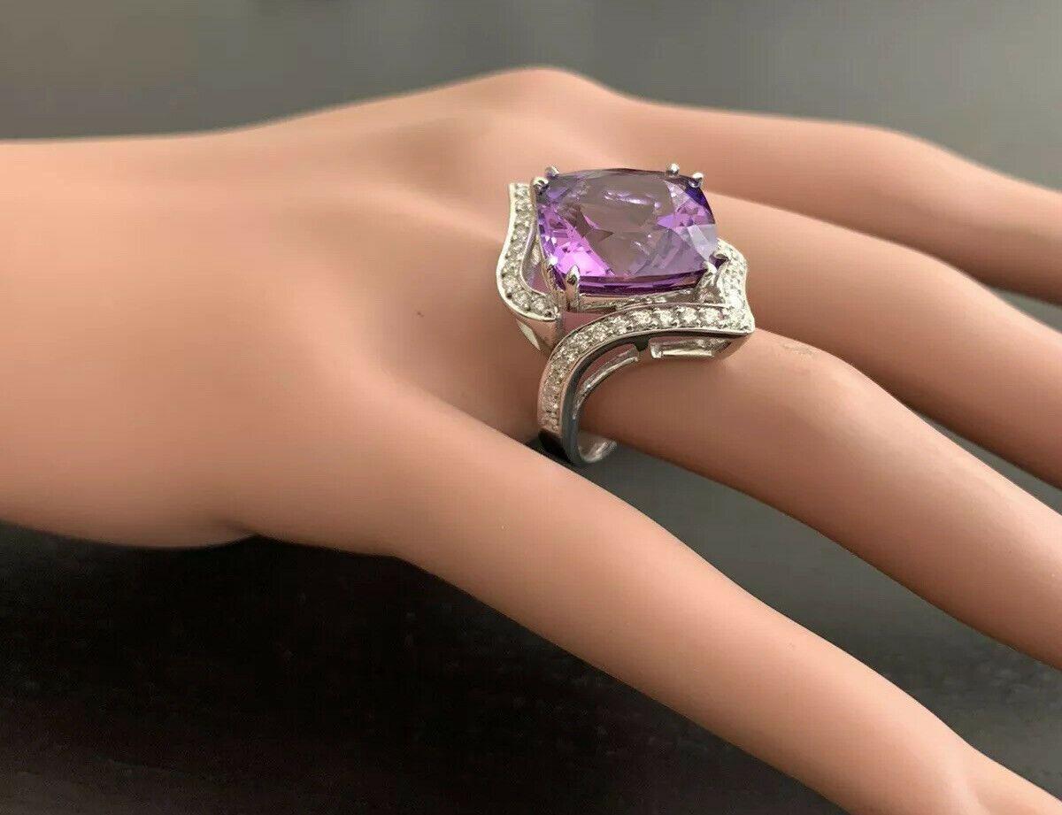 Women's 14.70 Carat Natural Amethyst and Diamond 14 Karat Solid White Gold Ring For Sale