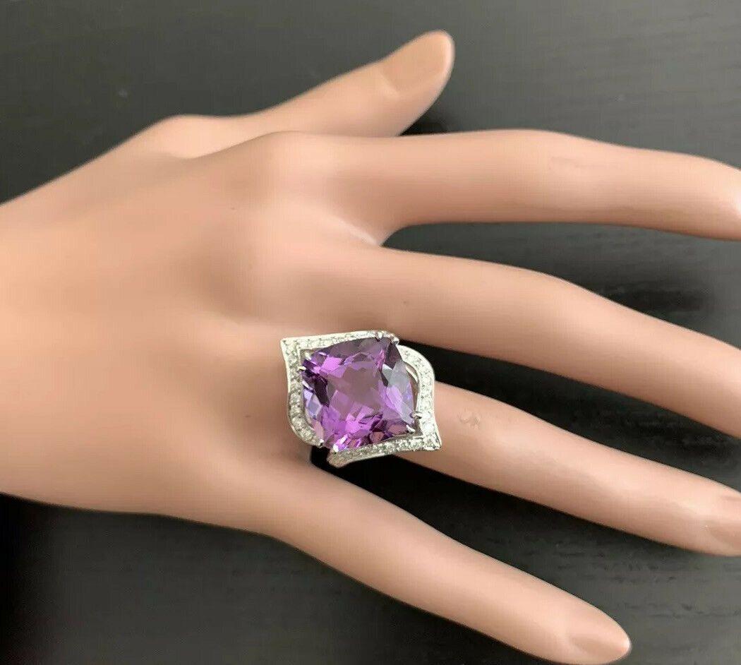14.70 Carat Natural Amethyst and Diamond 14 Karat Solid White Gold Ring For Sale 1