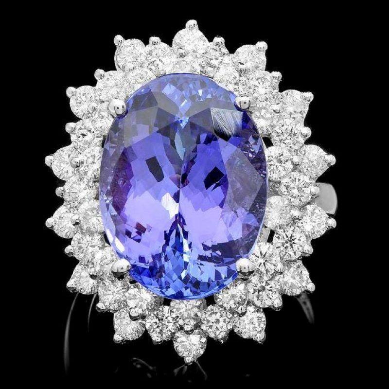 Mixed Cut 14.70 Carats Natural Tanzanite and Diamond 14k Solid White Gold Ring For Sale