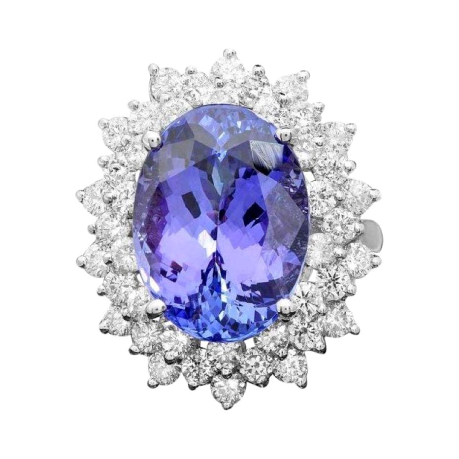 14.70 Carats Natural Tanzanite and Diamond 14k Solid White Gold Ring For Sale