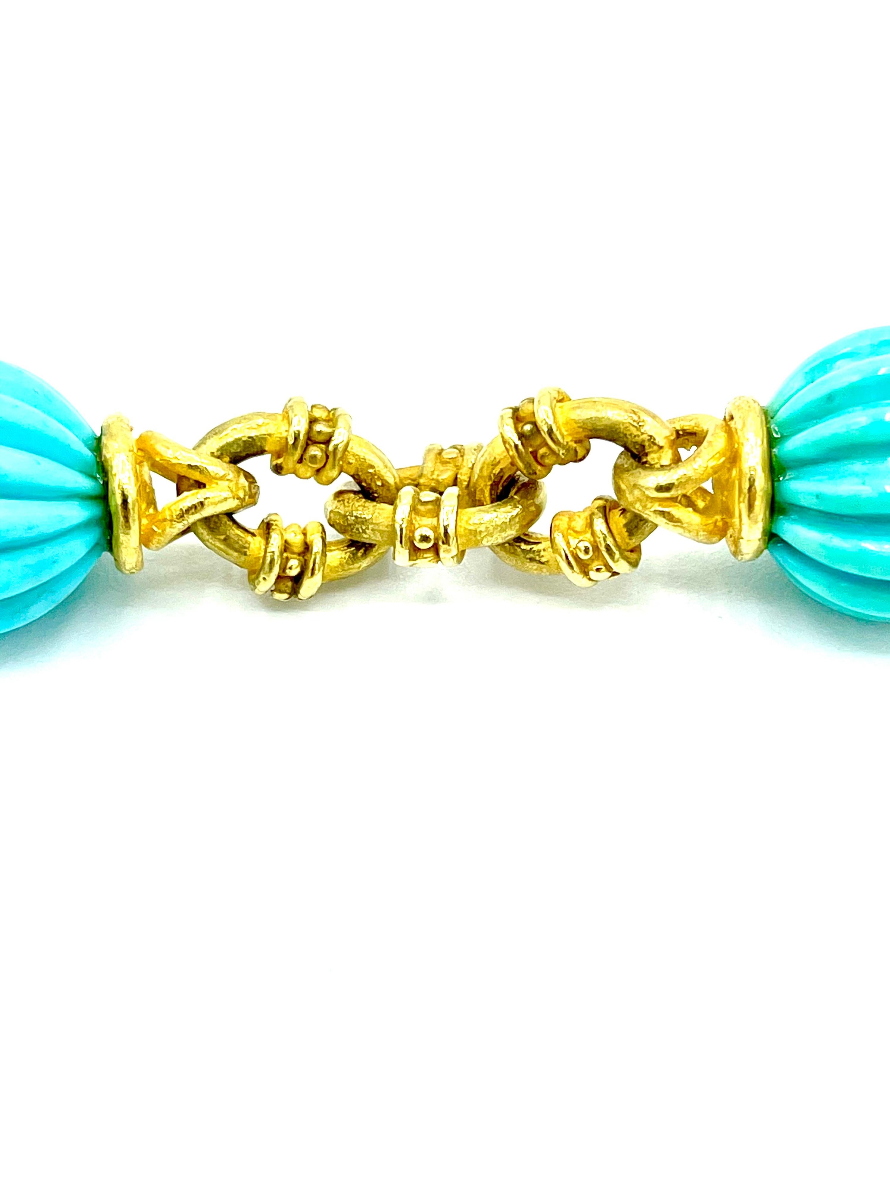 Bead Ribbed Turquoise and 18 Karat Yellow Matte Gold Necklace For Sale