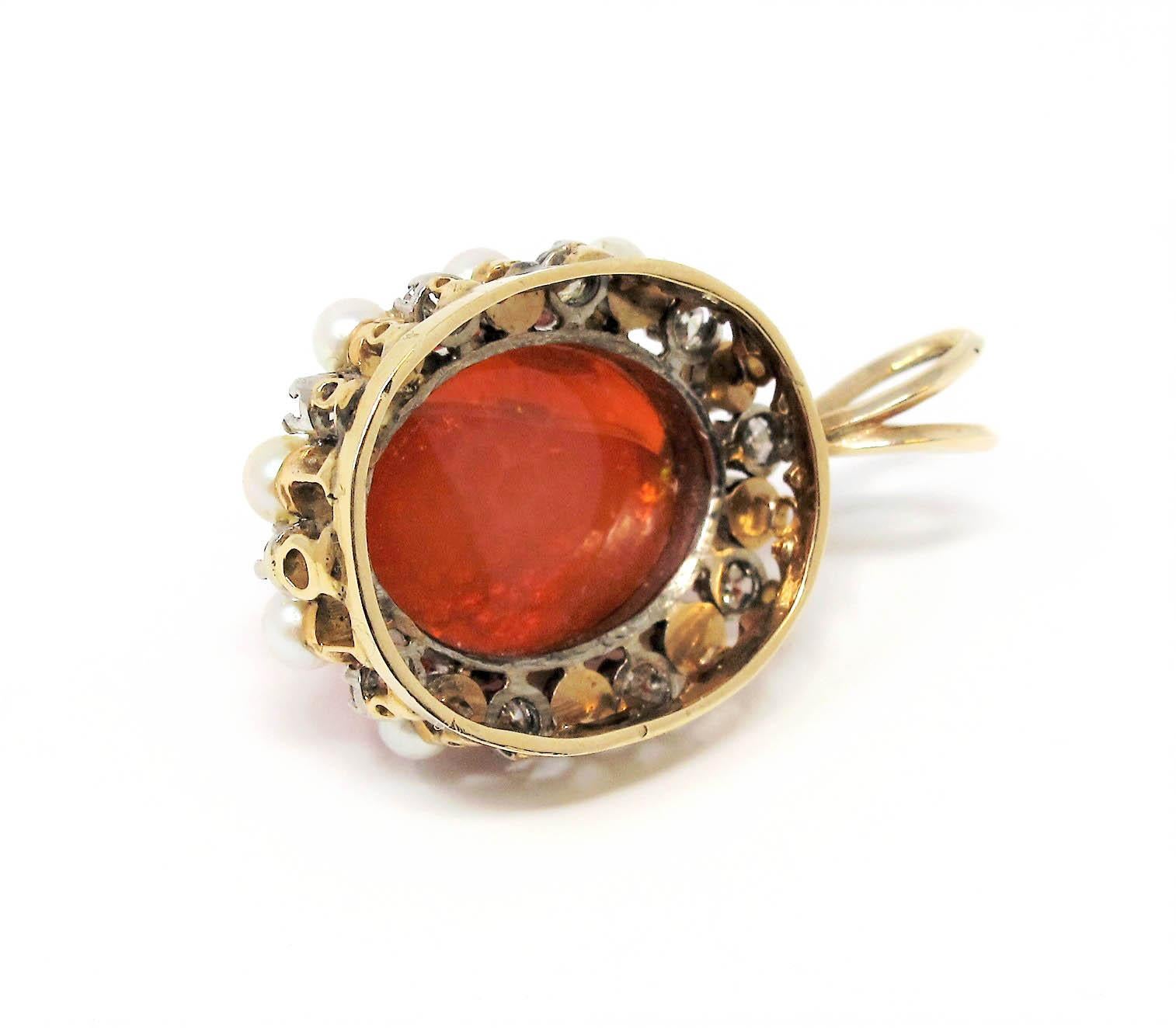 14.71 Carat Cabochon Fire Opal, Pearl and Diamond Halo Pendant 14 Karat Gold In Fair Condition For Sale In Scottsdale, AZ