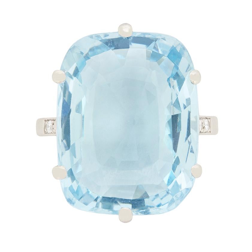 14.71ct Cushion Cut Aquamarine Ring with Set Shoulders, circa 1980s For Sale