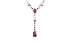 14.71 Carat Ruby and Pearl Drop Necklace with Diamonds