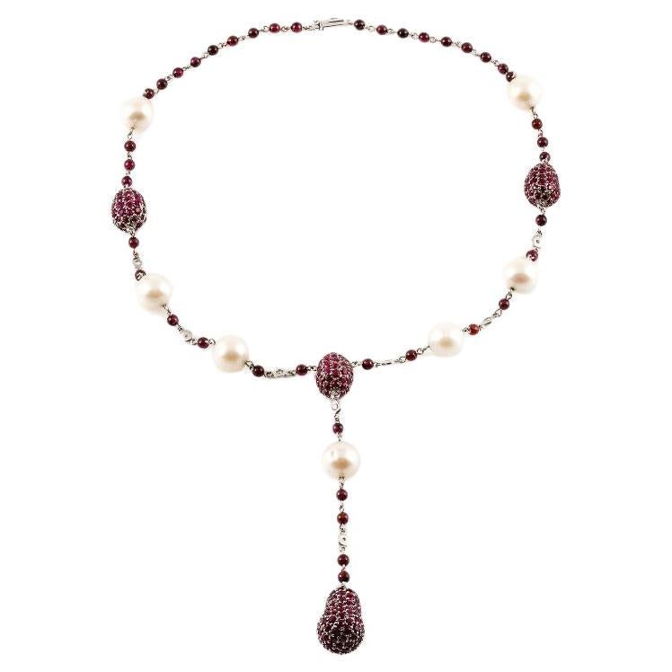 14.71 Carat Ruby and Pearl Drop Necklace with Diamonds For Sale