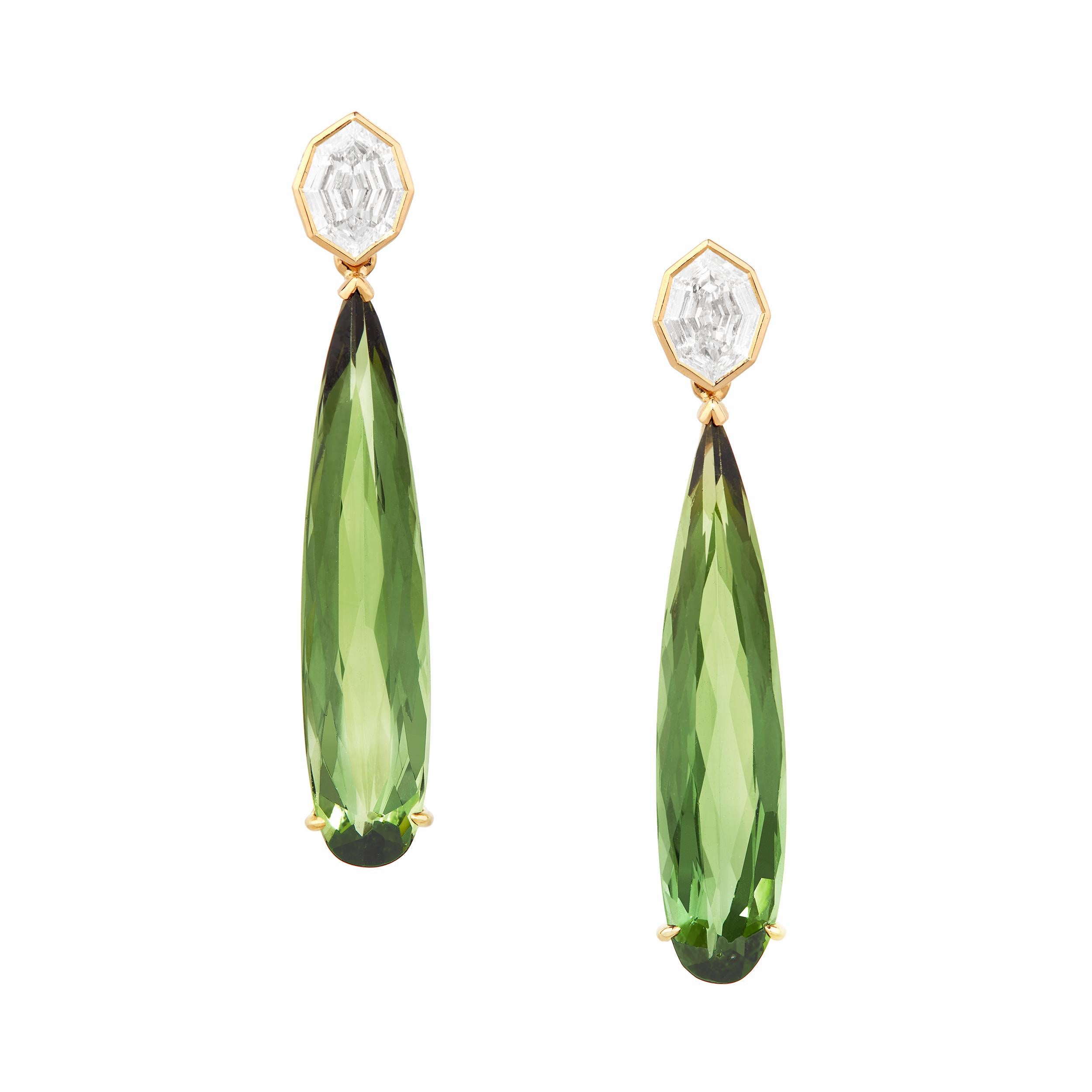 Boucles d'oreilles en goutte détachables en or 21 carats avec diamants et tourmaline de 14,71 carats en vente