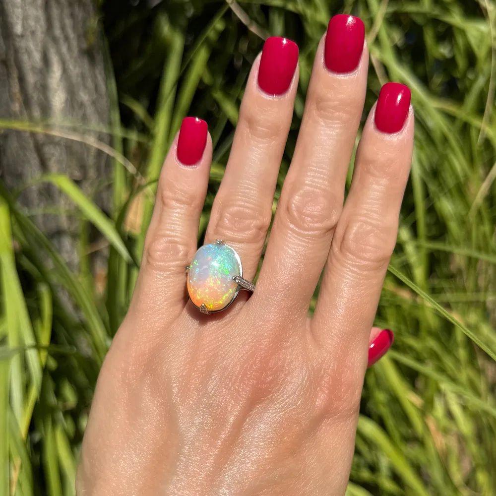 Modernist 14.72 Carat Crystal Opal and RBC Diamond Platinum Vintage Statement Ring For Sale