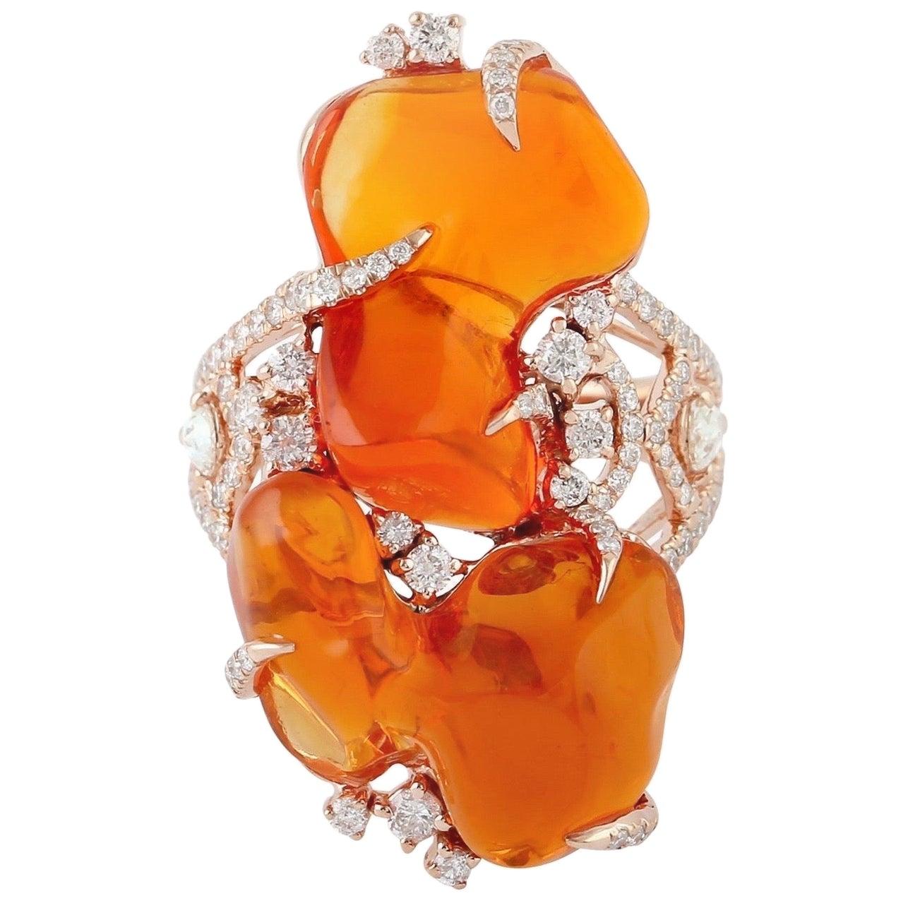 For Sale:  14.73 Carat Mexican Fire Opal 18 Karat Gold Diamond Ring