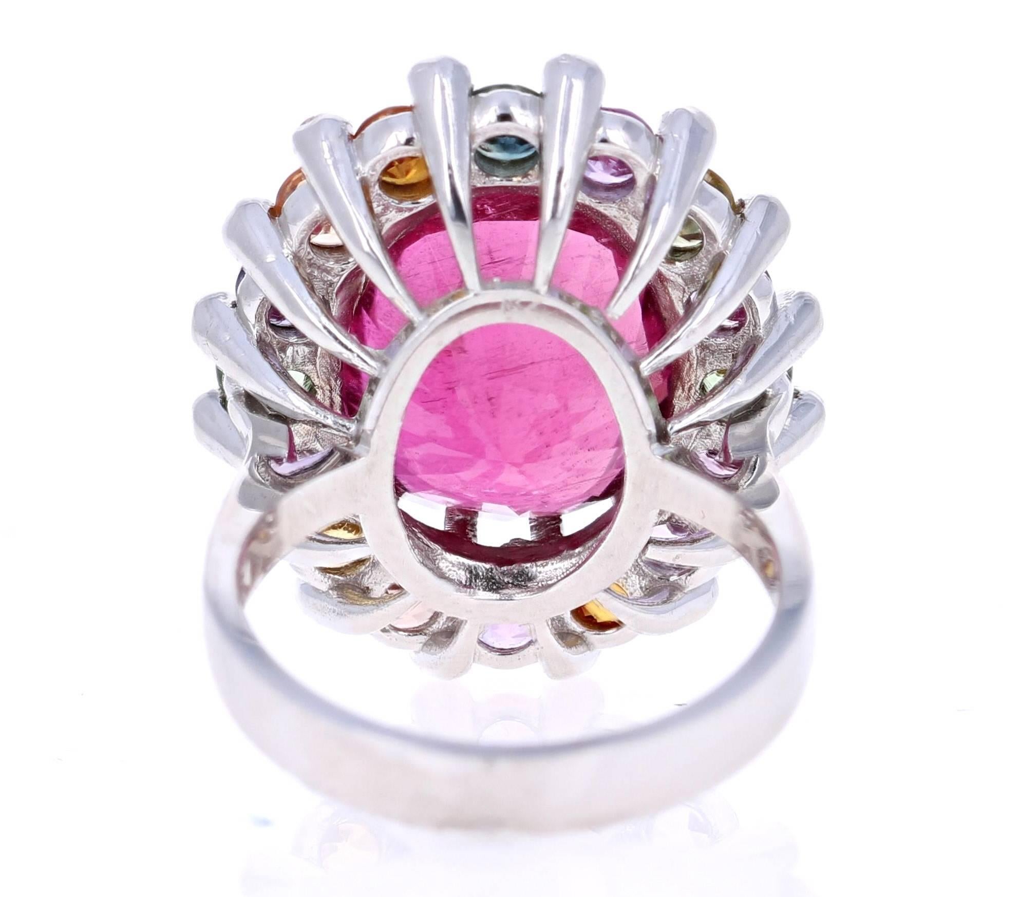 Oval Cut 14.73 Carat Pink Tourmaline Sapphire Diamond 18 Karat White Gold Cocktail Ring
