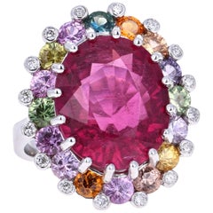 14.73 Carat Pink Tourmaline Sapphire Diamond 18 Karat White Gold Cocktail Ring