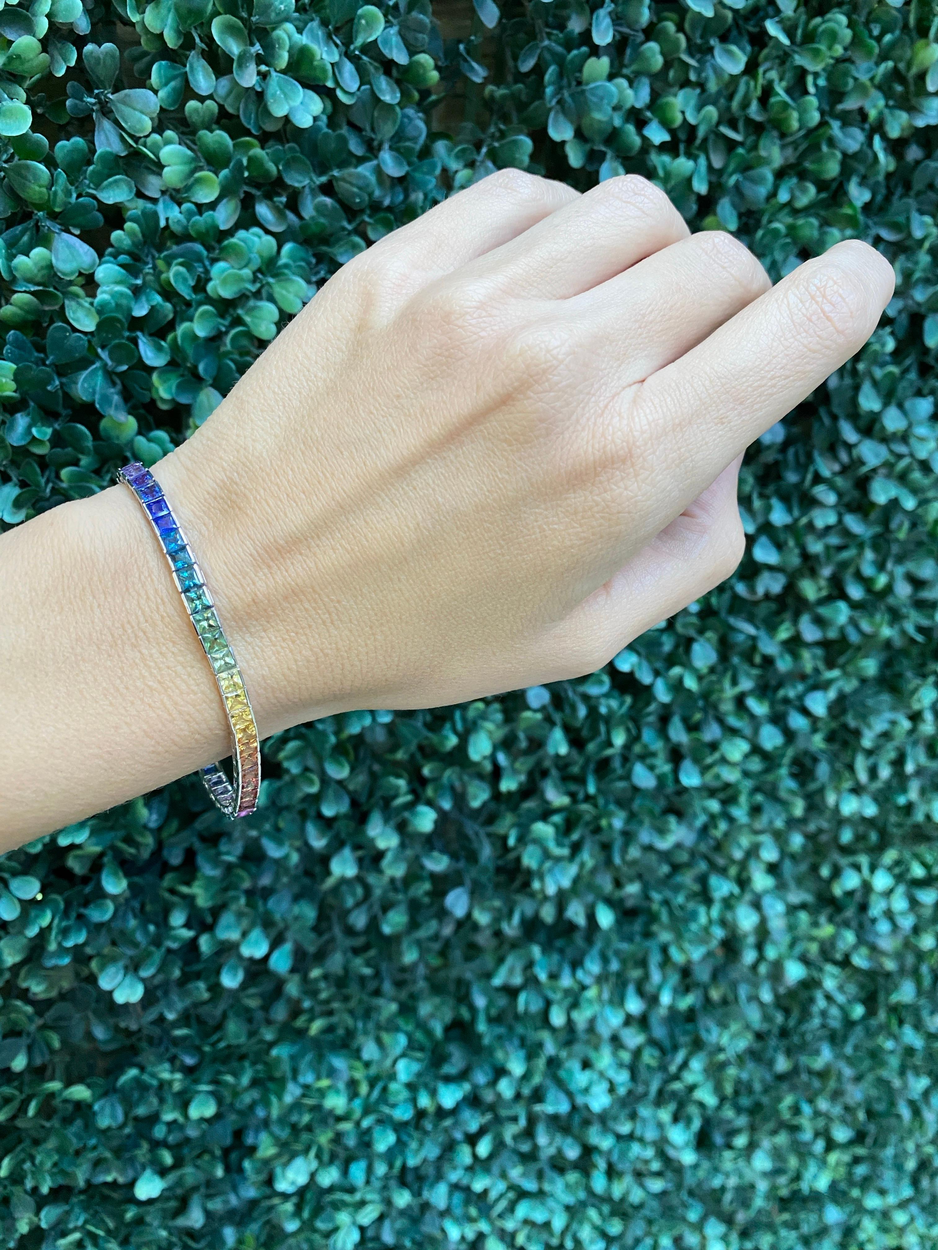 14.73 Carat Total Weight Natural Princess Cut Sapphire Tennis Bracelet For Sale 6