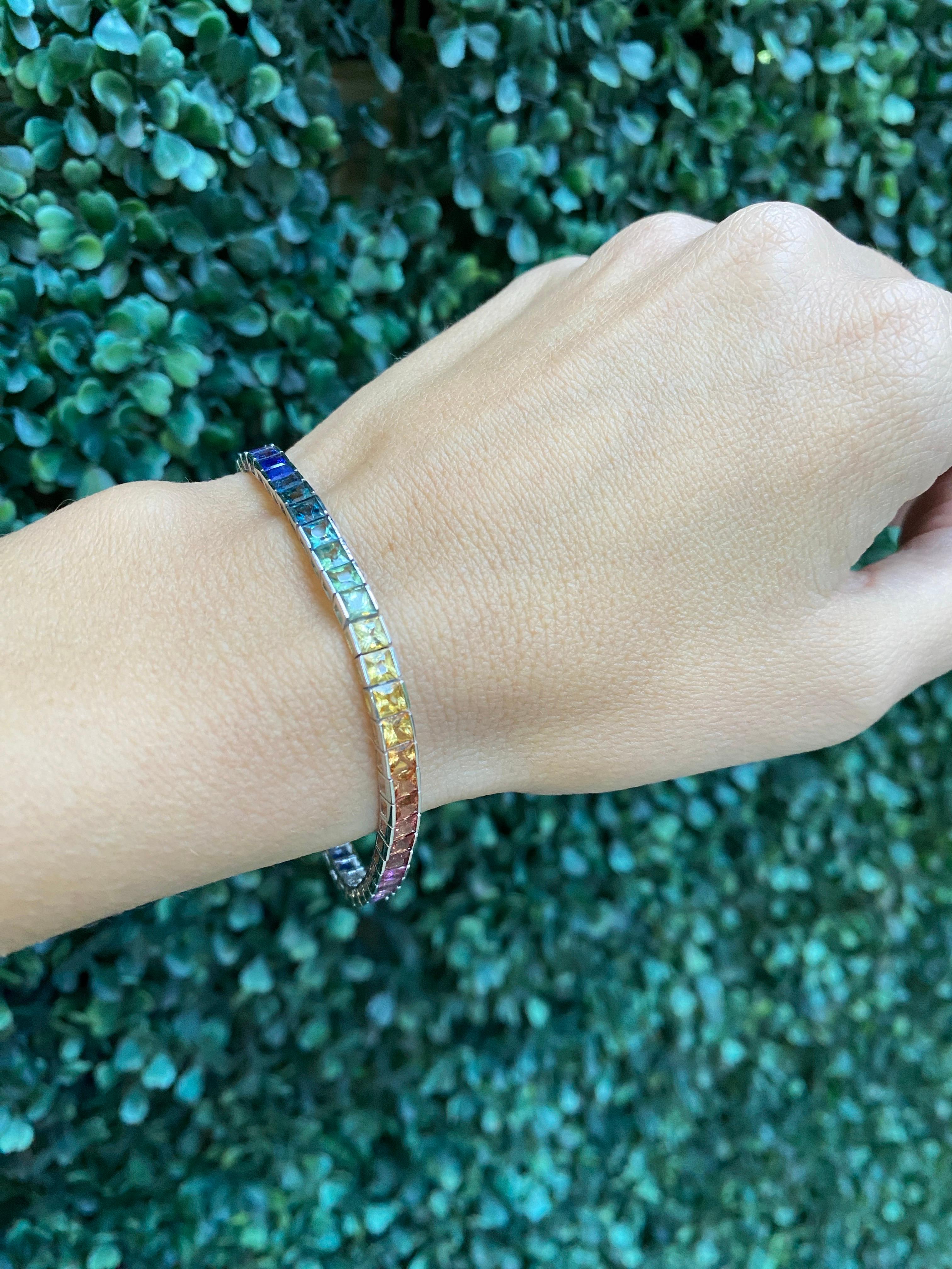14.73 Carat Total Weight Natural Princess Cut Sapphire Tennis Bracelet For Sale 7