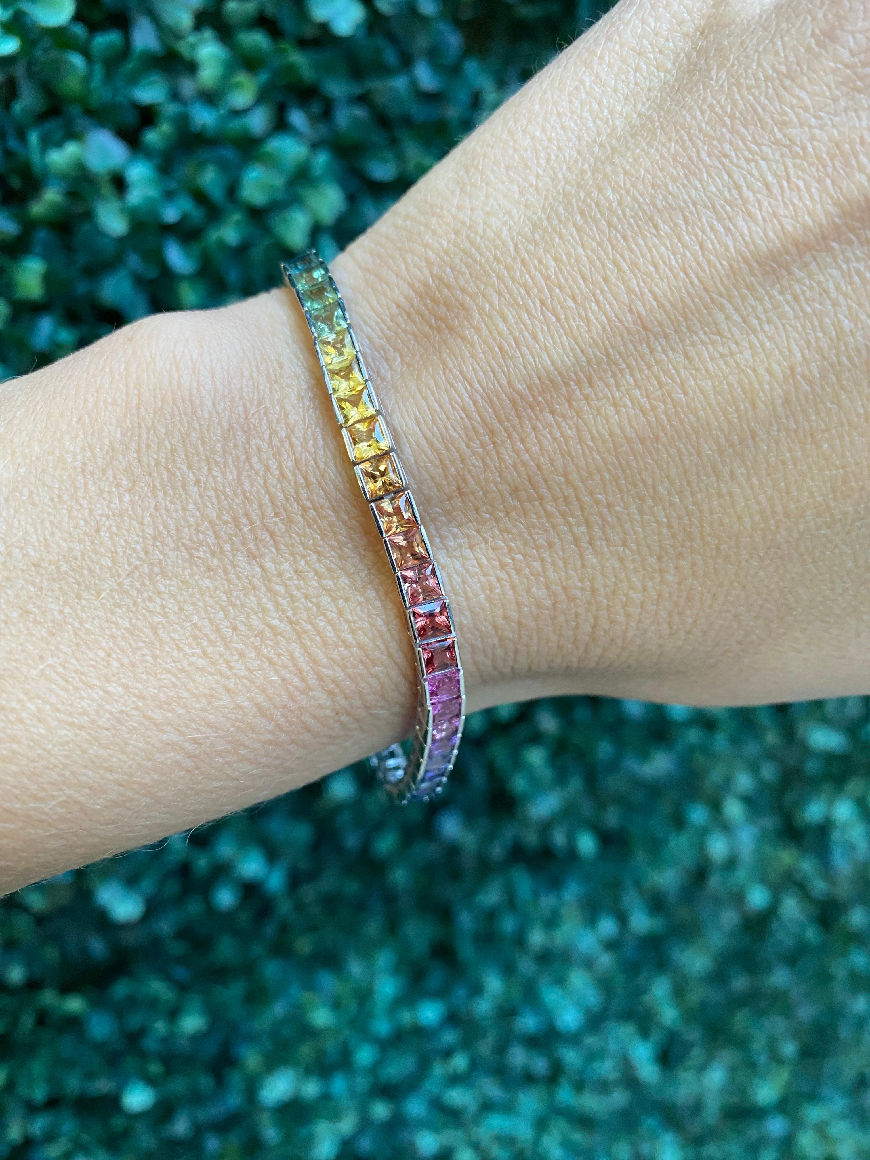 14.73 Carat Total Weight Natural Princess Cut Sapphire Tennis Bracelet For Sale 10