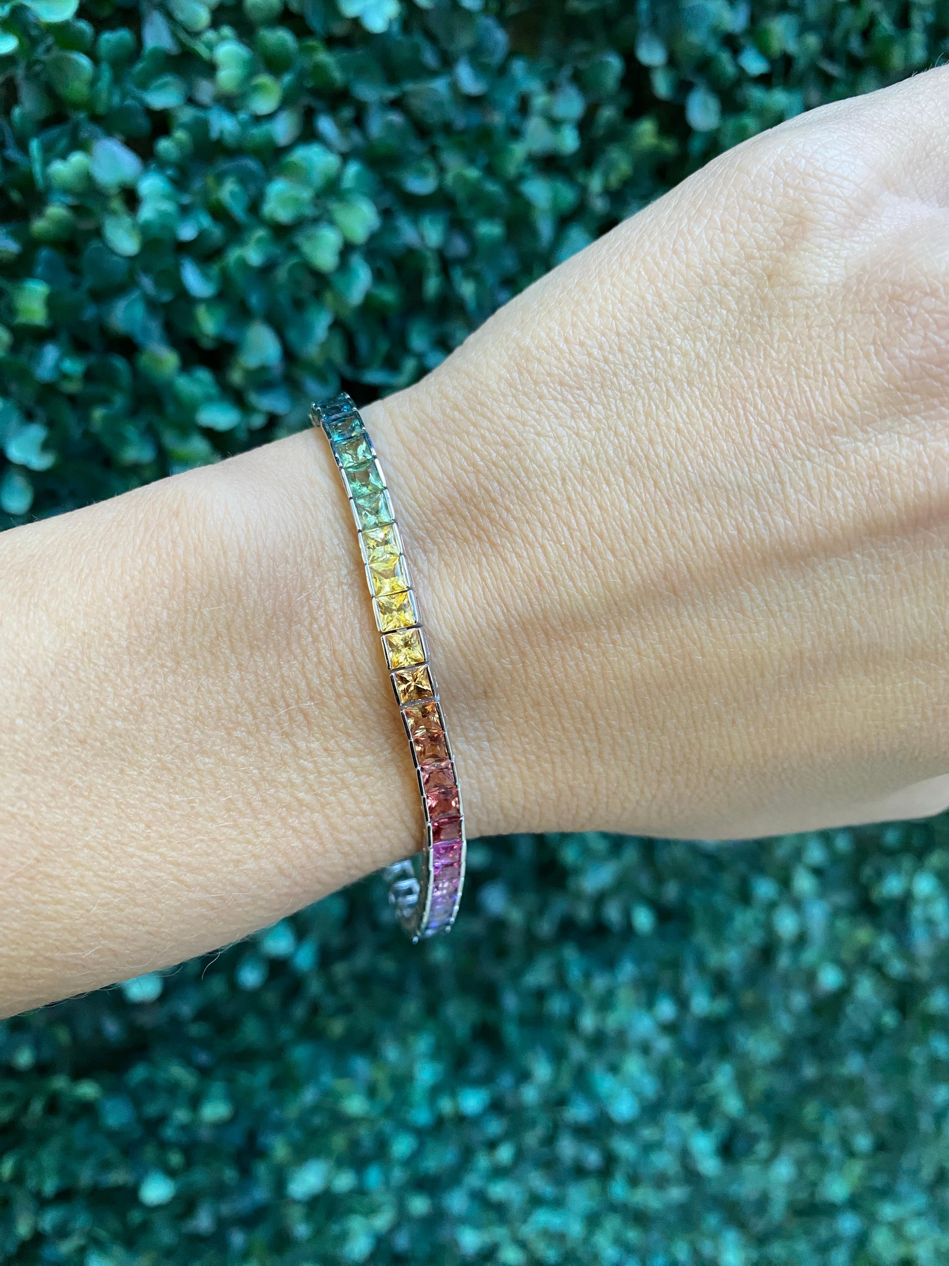14.73 Carat Total Weight Natural Princess Cut Sapphire Tennis Bracelet For Sale 11