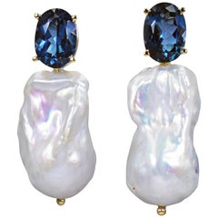 14.74 Carat London Blue Topaz Baroque Pearl 14 Karat Gold Stud Drop Earrings