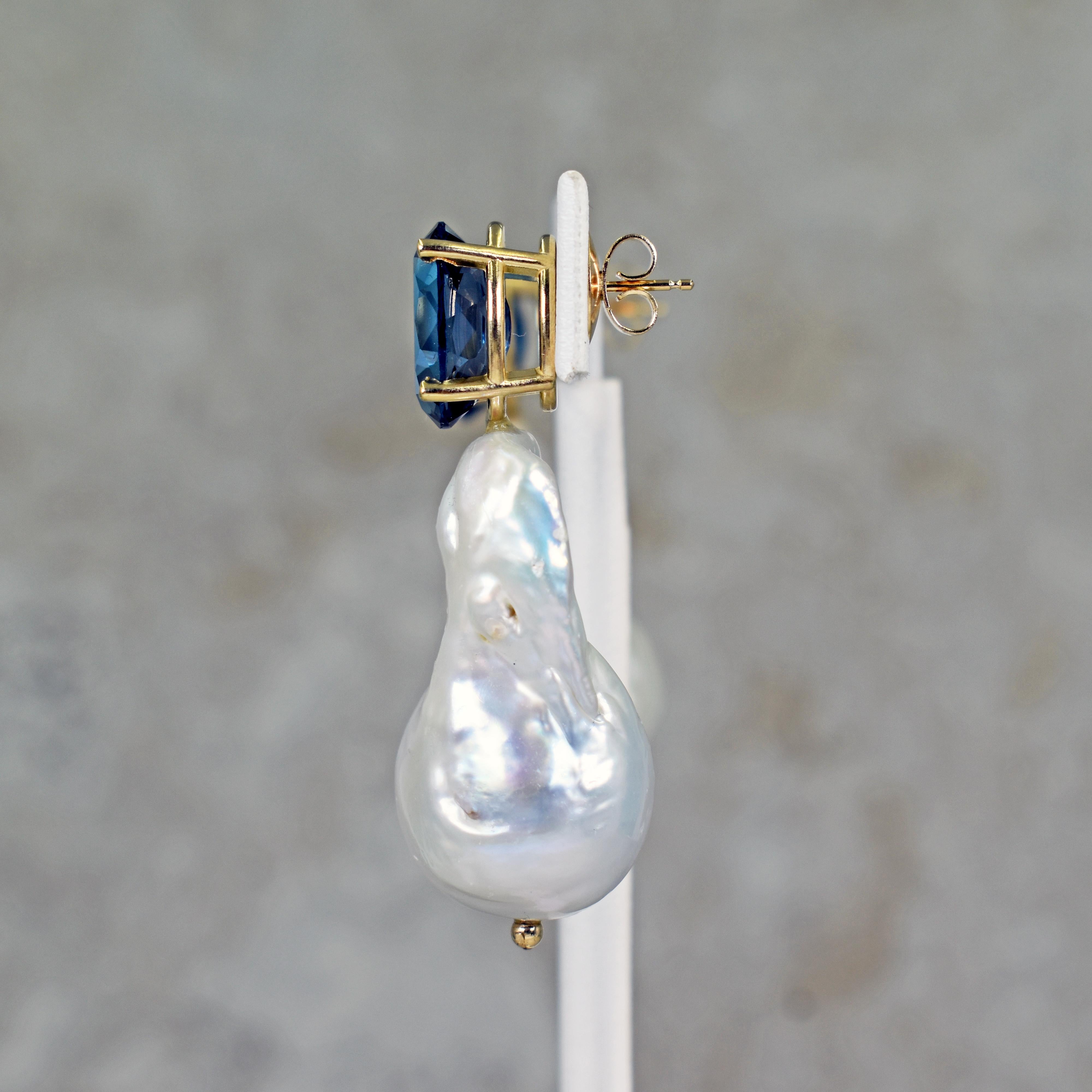 Contemporary 14.74 Carat London Blue Topaz Baroque Pearl 14 Karat Gold Stud Drop Earrings
