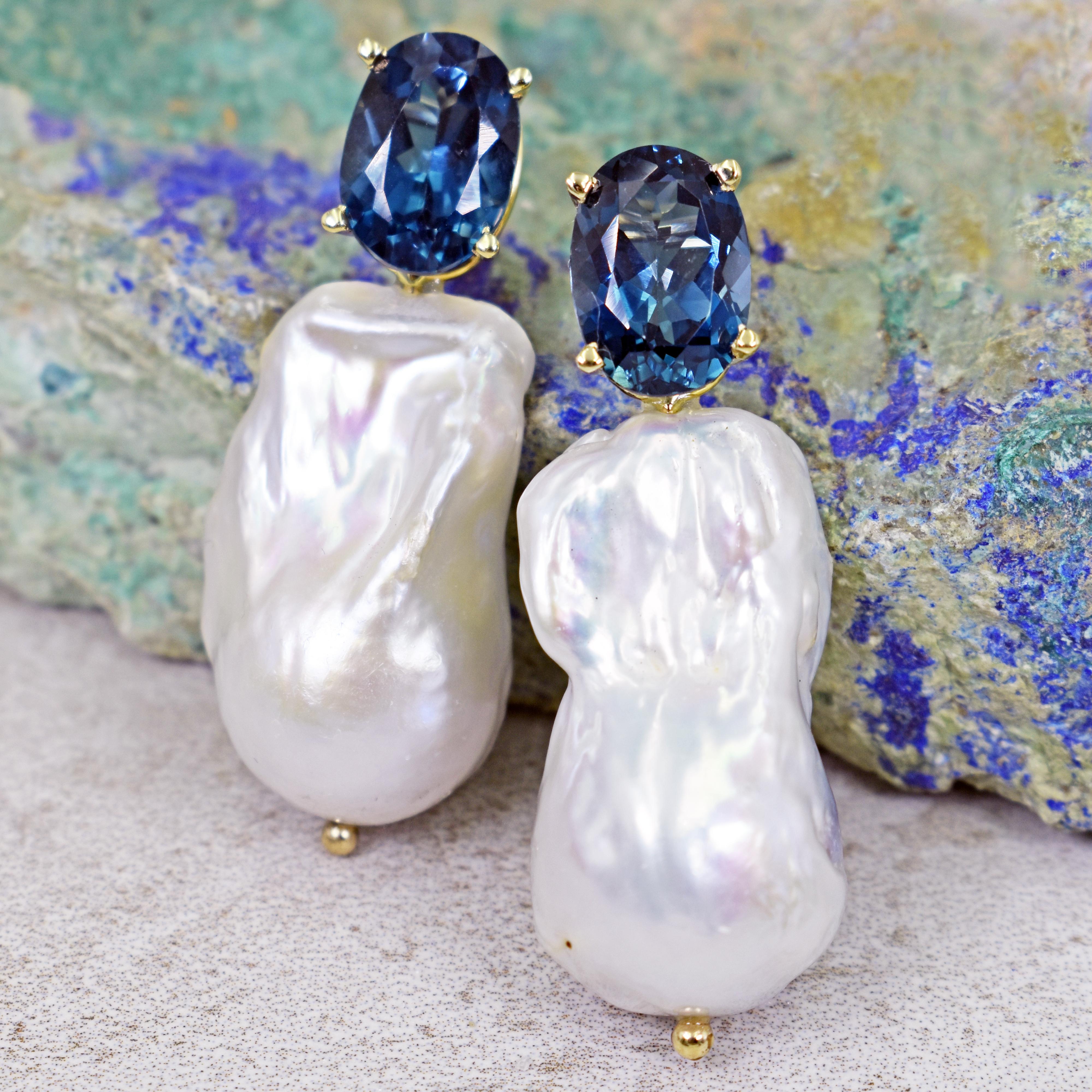 14.74 Carat London Blue Topaz Baroque Pearl 14 Karat Gold Stud Drop Earrings In New Condition In Naples, FL