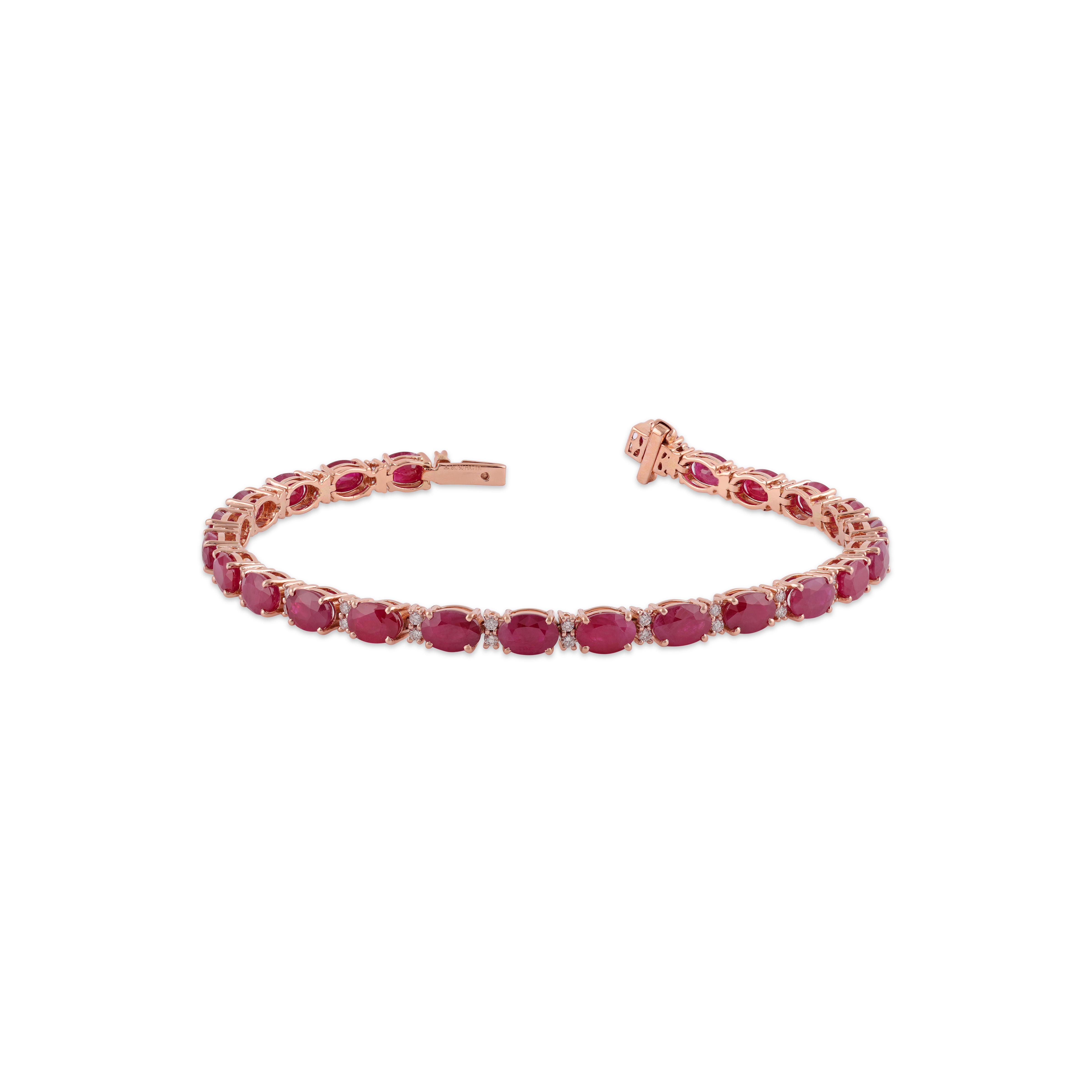 14.75 Carat Ruby and Diamond  Bracelet in 18K Rose Gold

This magnificent Oval shape Ruby tennis bracelet is incredulous. The solitaire Oval-shaped Oval-cut Ruby
 are beautifully With  Diamonds making the bracelet more graceful and adding
