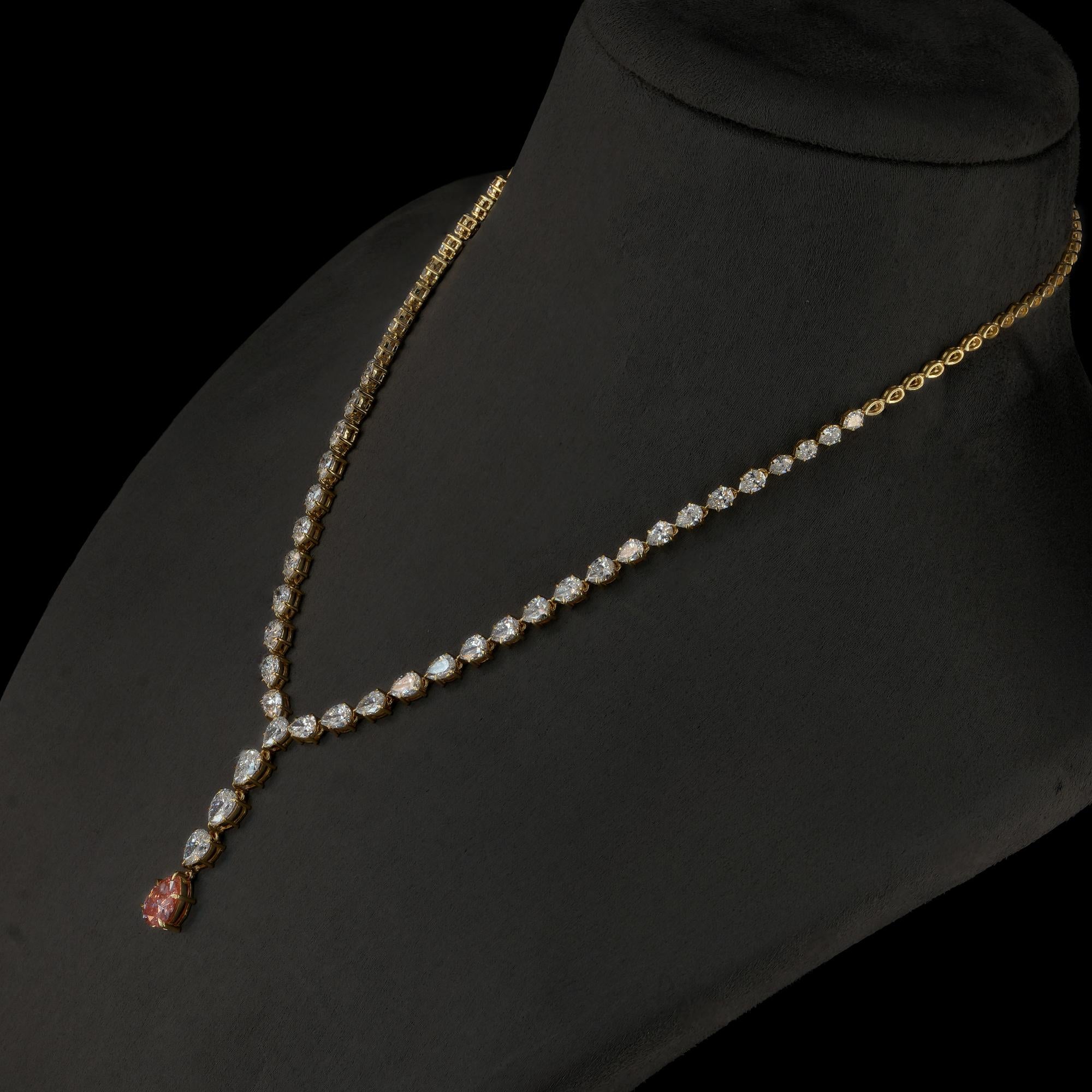 14.75 Ct Lab Diamond Oval Tennis Necklace Pink Pear Drop 14K Yellow ...