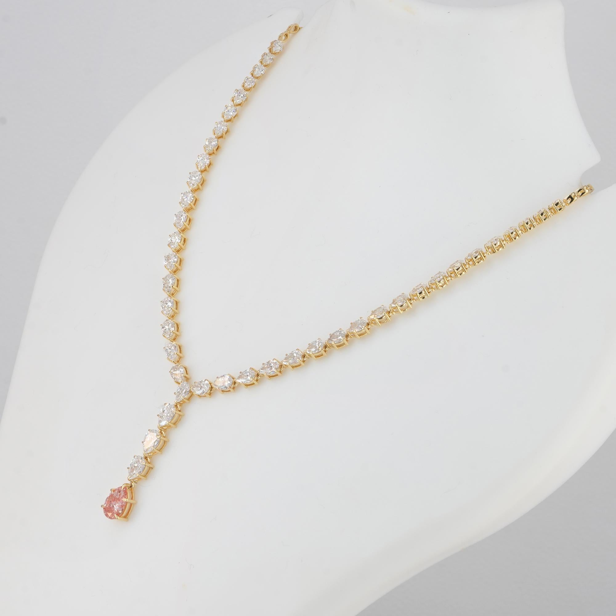 14.75 Ct Lab Diamond Oval Tennis Necklace Pink Pear Drop 14K Yellow ...