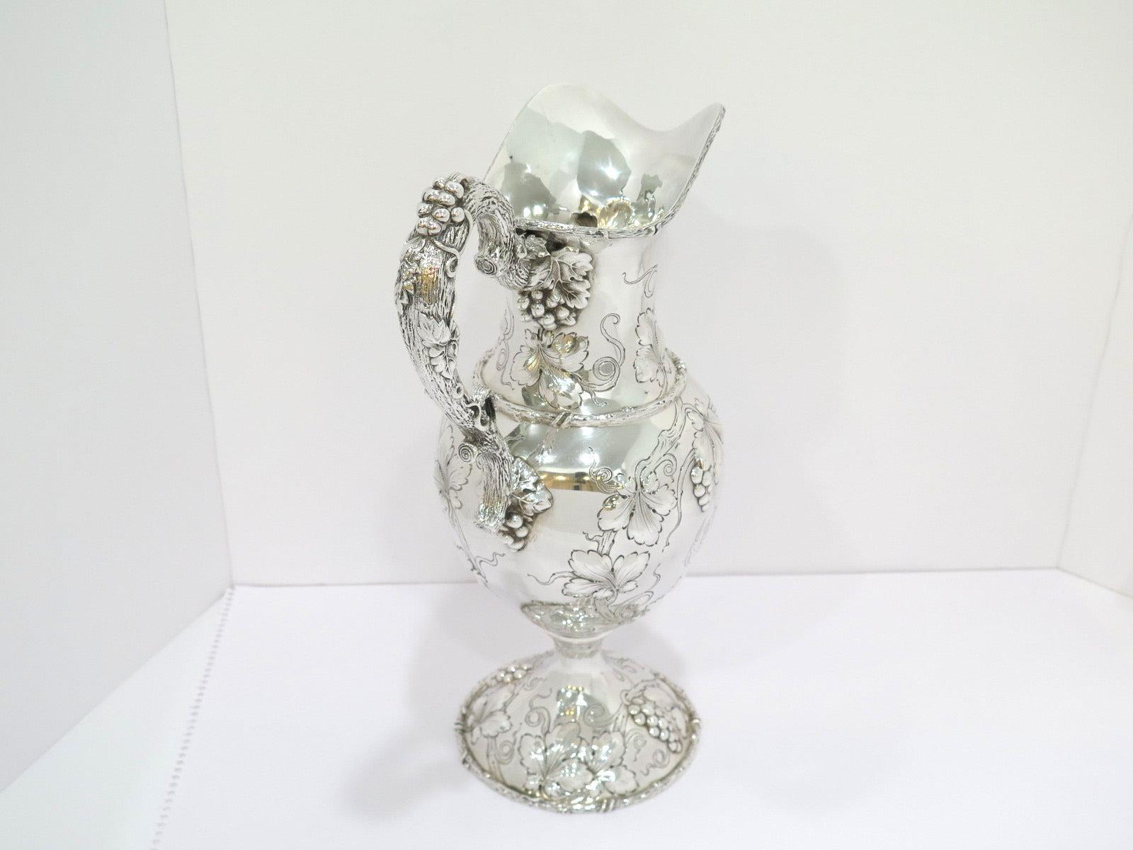 Sterling Silver Antique American Grapevine Repousse & Handle Pitcher In Good Condition For Sale In Brooklyn, NY