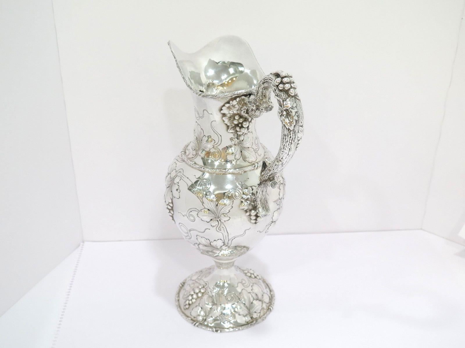 20th Century Sterling Silver Antique American Grapevine Repousse & Handle Pitcher For Sale