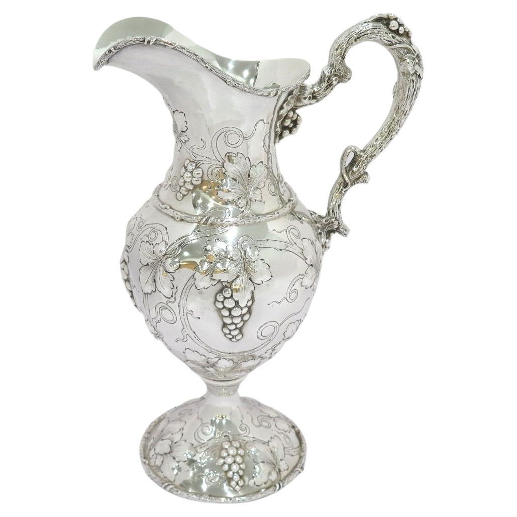 Sterling Silver Antique American Grapevine Repousse & Handle Pitcher For Sale