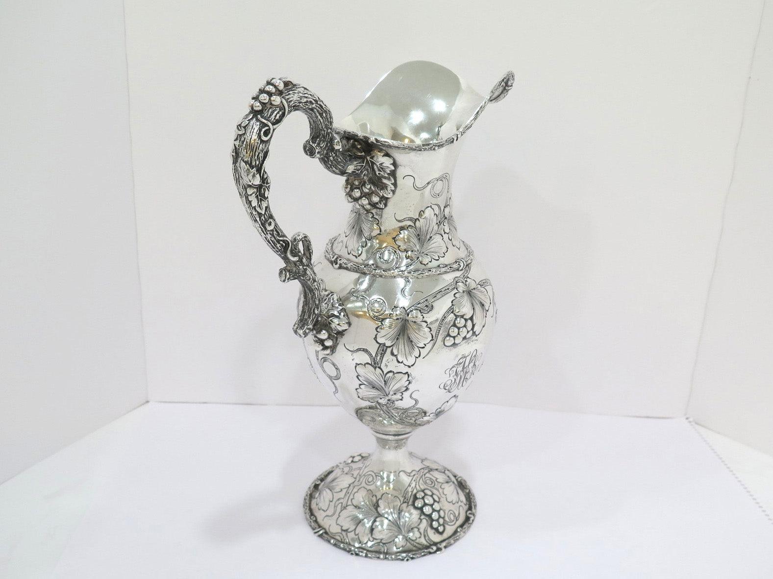 14.75 in - Sterling Silver Antique Grapevine Motif Ewer In Good Condition For Sale In Brooklyn, NY