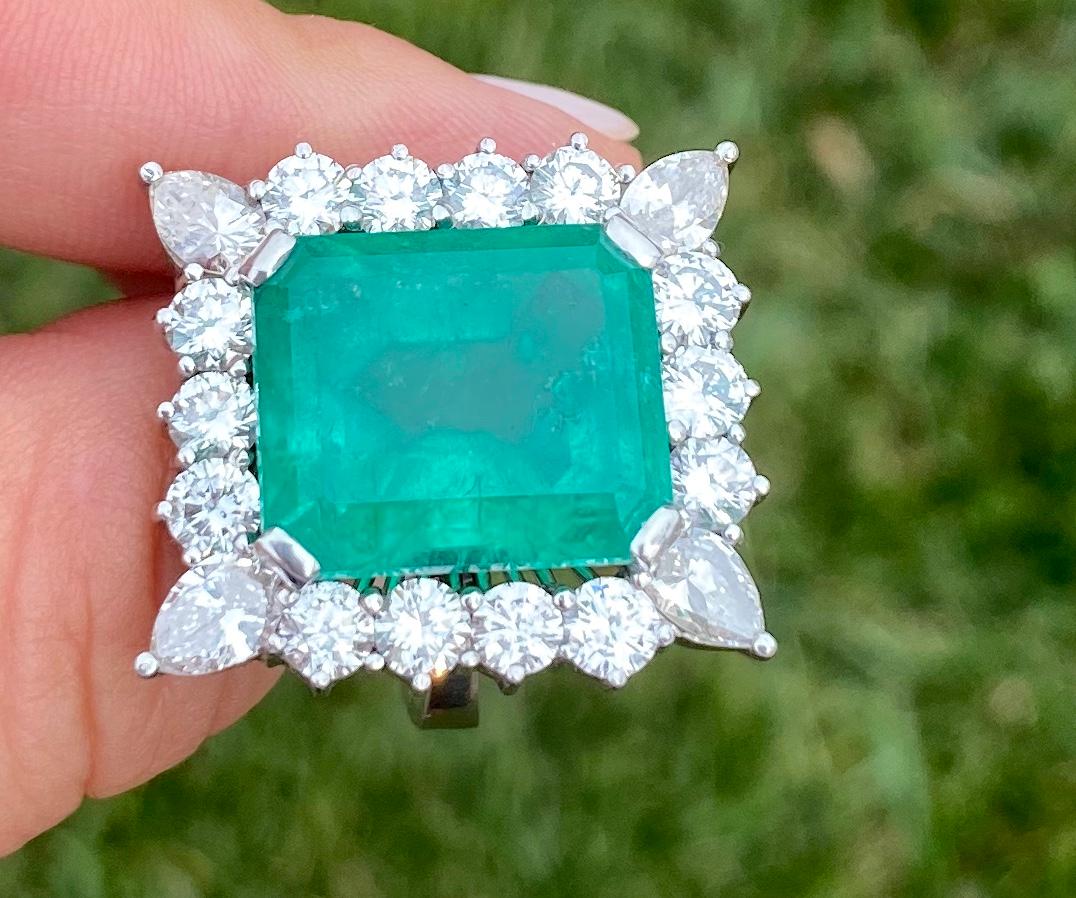 Emerald Cut 14.75 Carat Colombian Emerald and Diamond Ring Set in Platinum