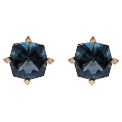 14.76 Carat Fancy-Cut London Blue Topaz Diamond Accents 14K Yellow Gold Earring