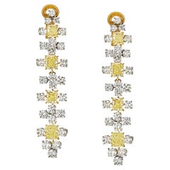 Pendants d'oreilles en platine et or 18 carats avec diamants jaunes et blancs de 14,76cttw.