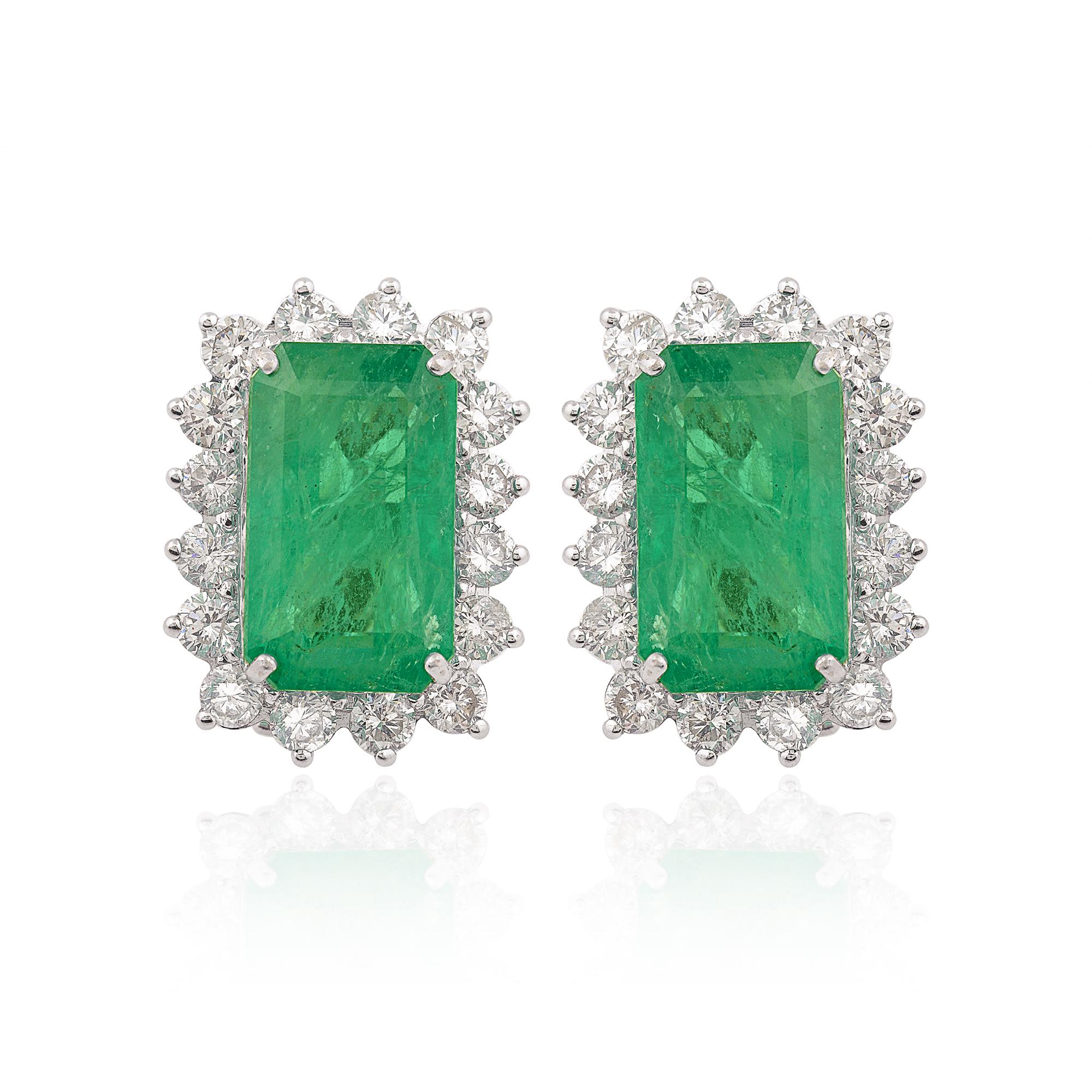 Art déco 14.78ct Zambian Emerald 2.91ct Diamond Halo Stud Ears 18k Solid White Gold en vente
